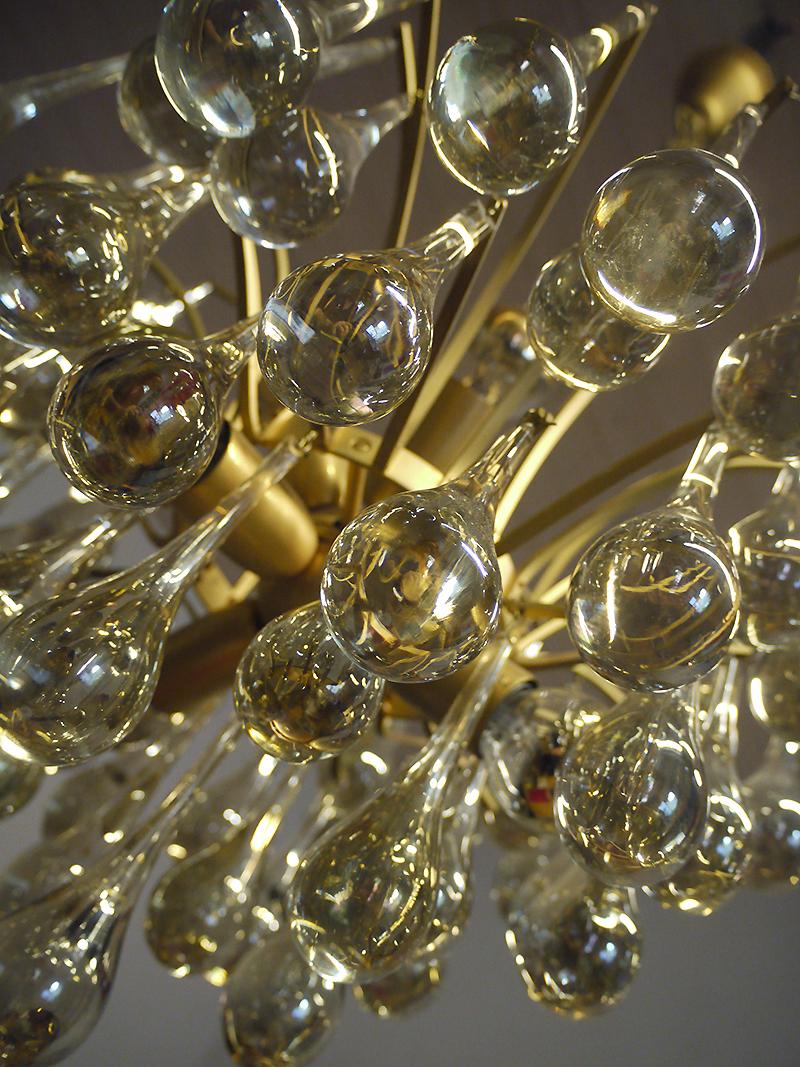 Gold Plate 1 'of 2' 1970 Germany Palwa Tear Drop Chandelier Murano Glass and Brass For Sale