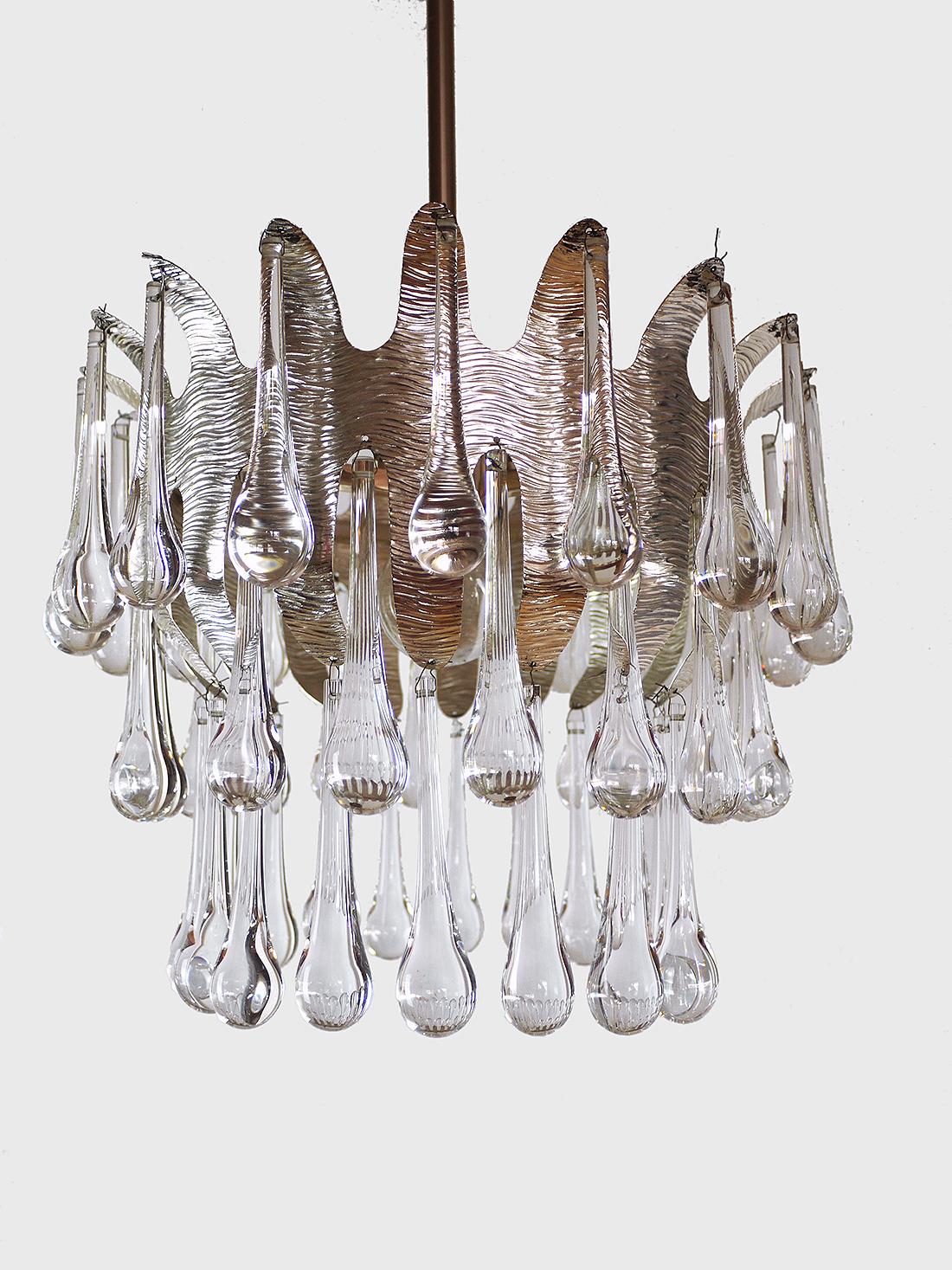 Late 20th Century 1970 Germany Palwa Tear Drop Chandelier Murano Glass and Silver Brass For Sale