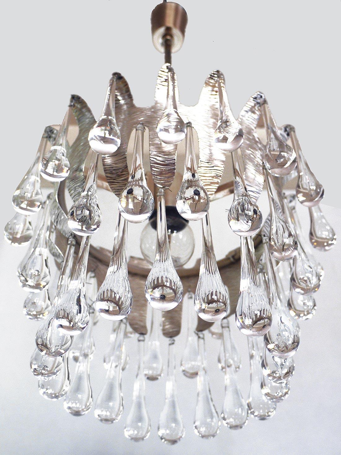 1970 Germany Palwa Tear Drop Chandelier Murano Glass and Silver Brass For Sale 2