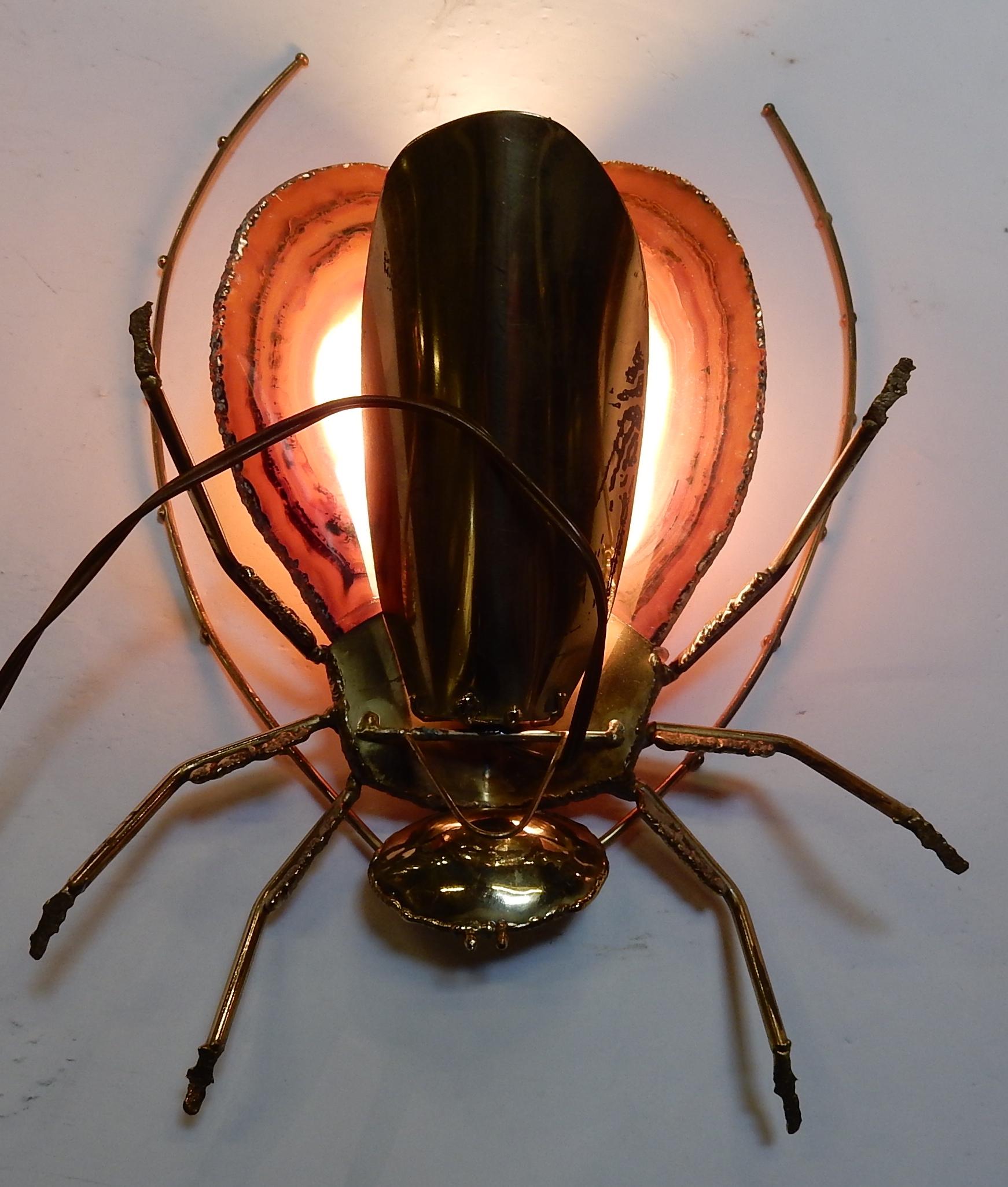 Brutalist 1970 Gilded Bronze Wall Lamp Cicada Style Duval Brasseur or IFaure Enlightening