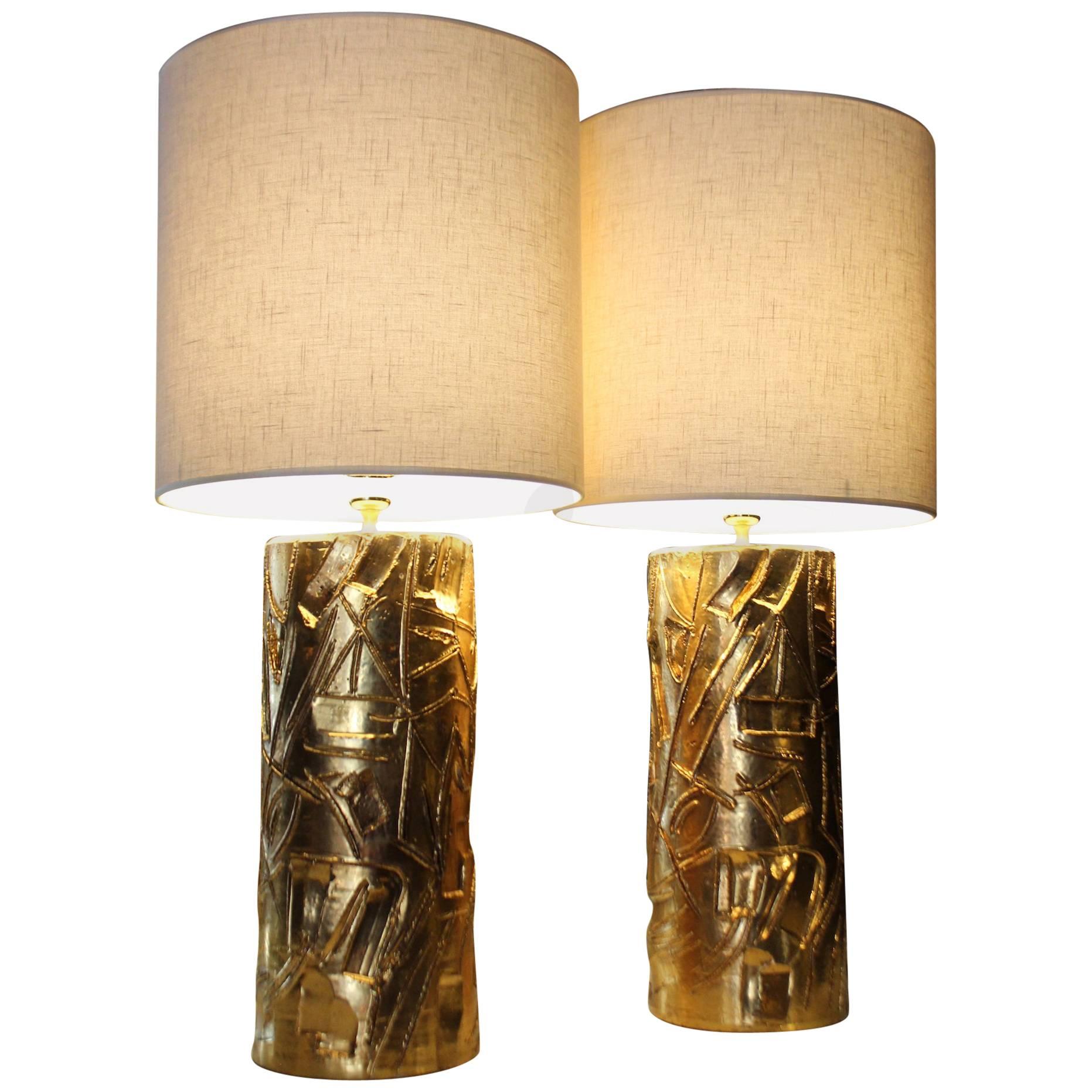 1970 Gold Ceramic Table Lamps, with Linen Lampshade