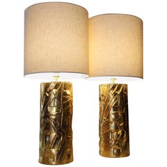 Lampada da tavolo in ceramica dorata del 1970, con paralume in lino