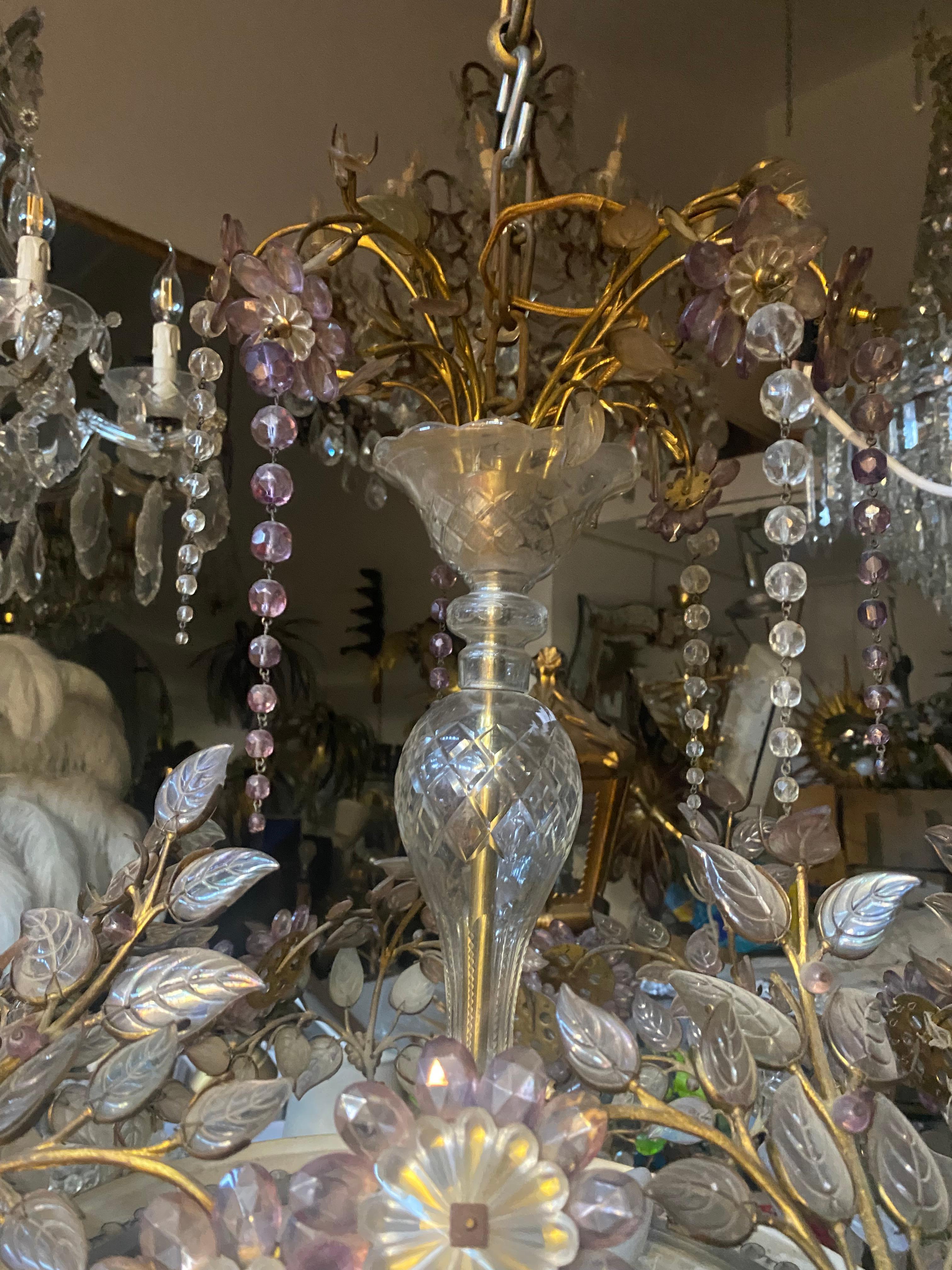 1970′ Golden Brass Chandelier Plant Decor Maison Bagués Style, Leaves And Flower For Sale 4