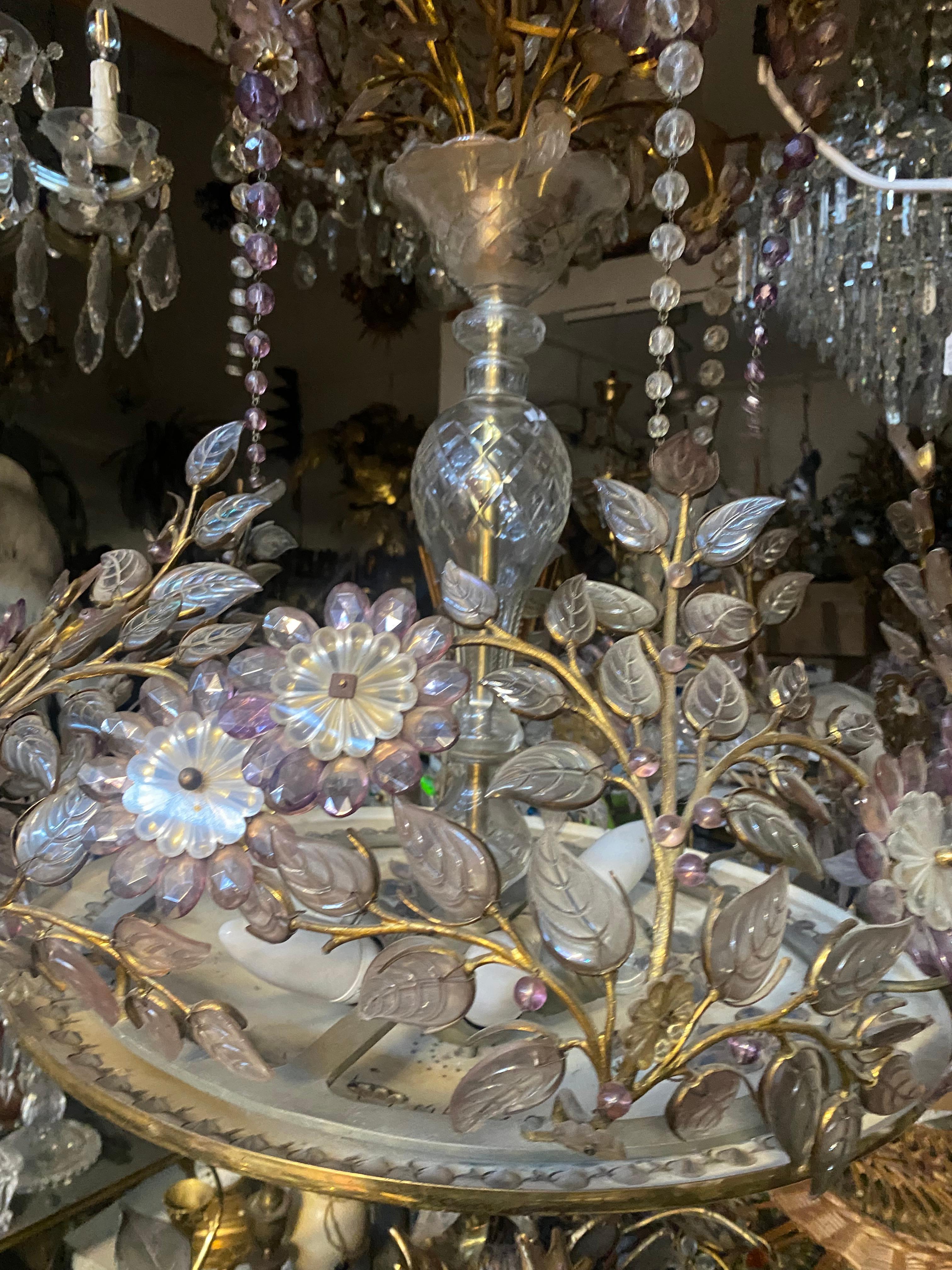 1970′ Golden Brass Chandelier Plant Decor Maison Bagués Style, Leaves And Flower For Sale 5