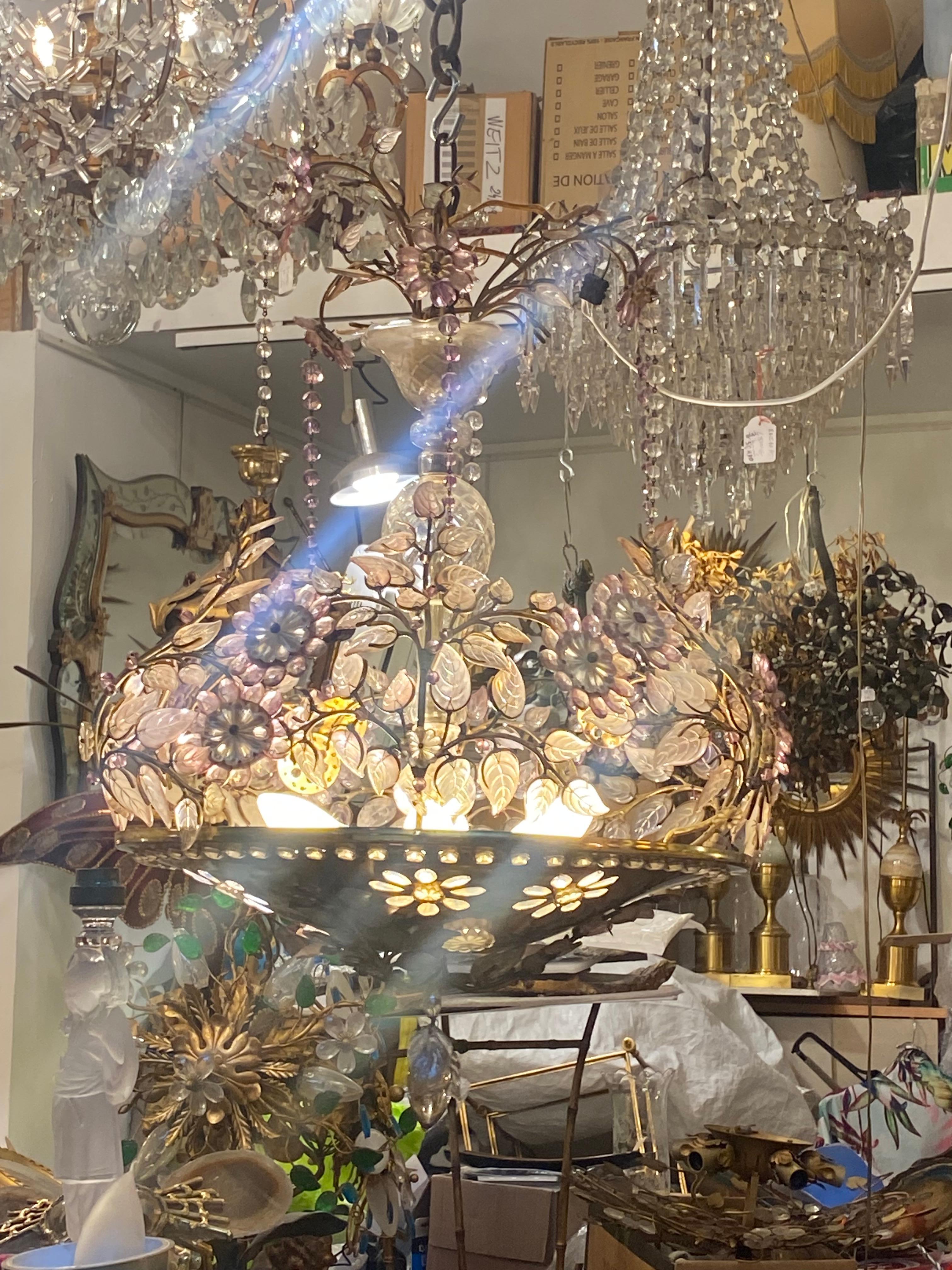 1970′ Golden Brass Chandelier Plant Decor Maison Bagués Style, Leaves And Flower For Sale 6