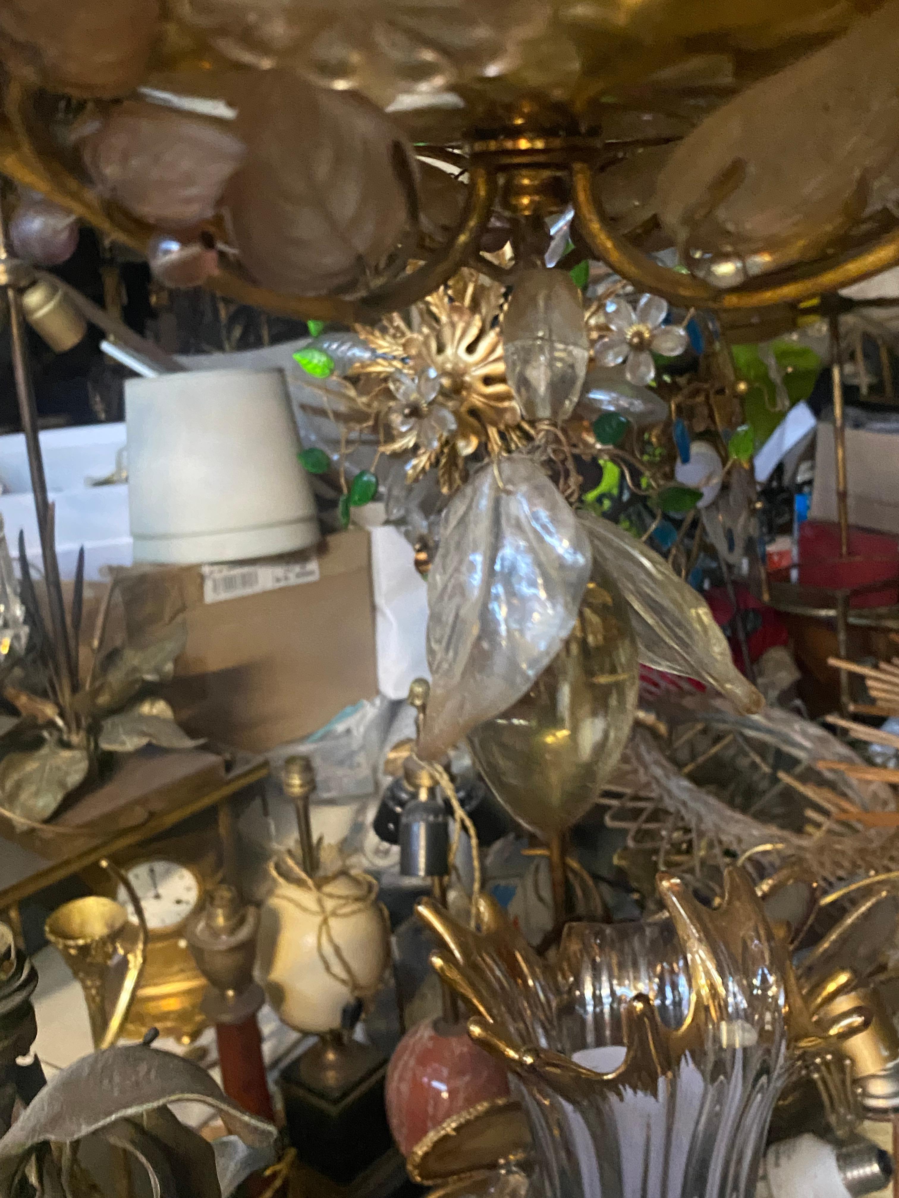 Art Nouveau 1970′ Golden Brass Chandelier Plant Decor Maison Bagués Style, Leaves And Flower For Sale