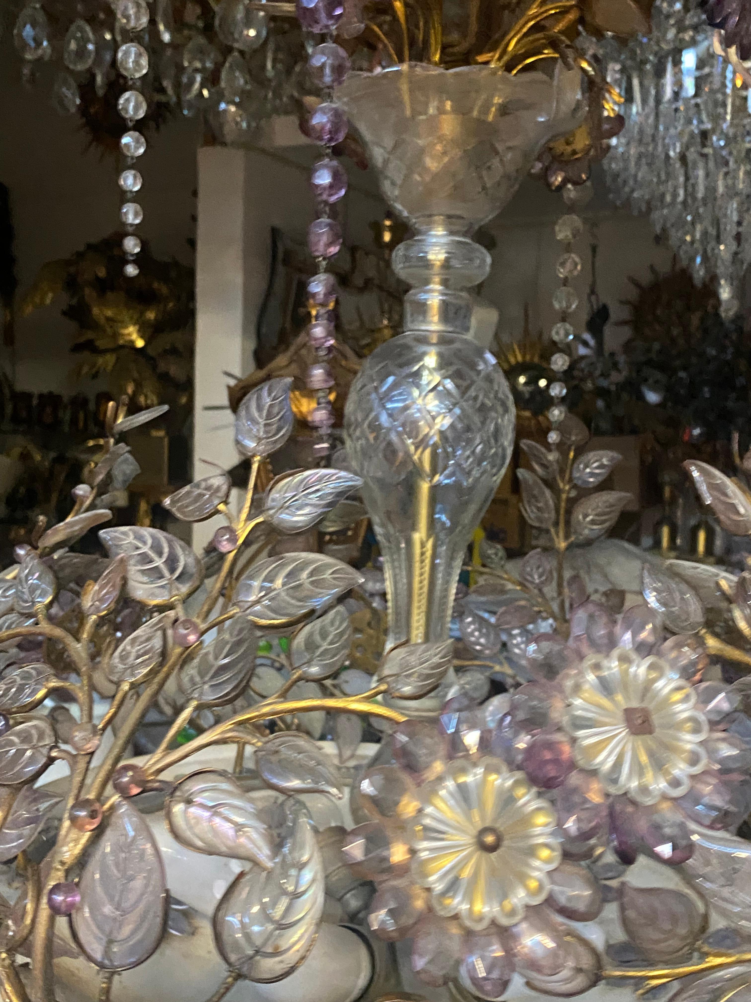 French 1970′ Golden Brass Chandelier Plant Decor Maison Bagués Style, Leaves And Flower For Sale