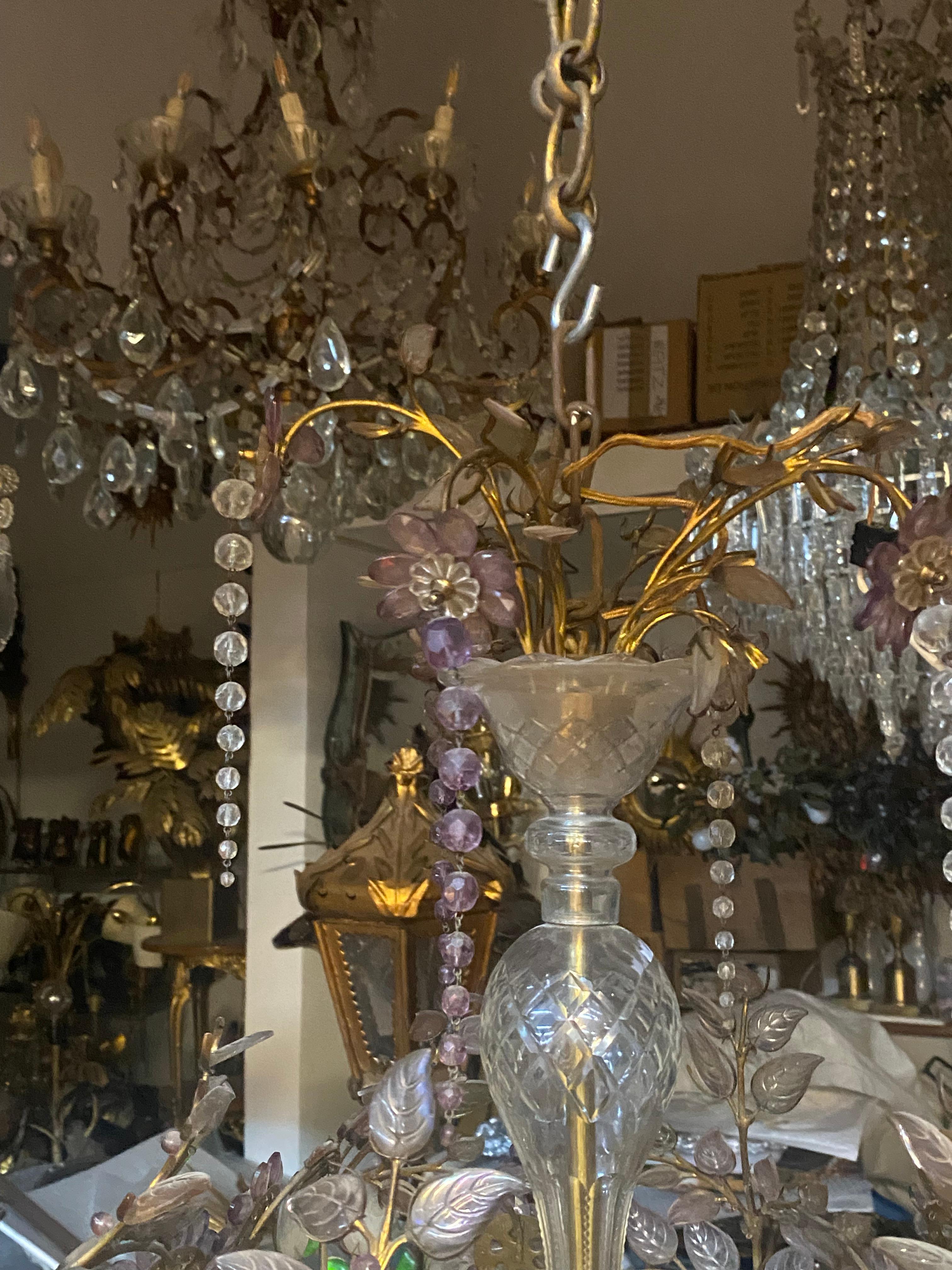 Polished 1970′ Golden Brass Chandelier Plant Decor Maison Bagués Style, Leaves And Flower For Sale