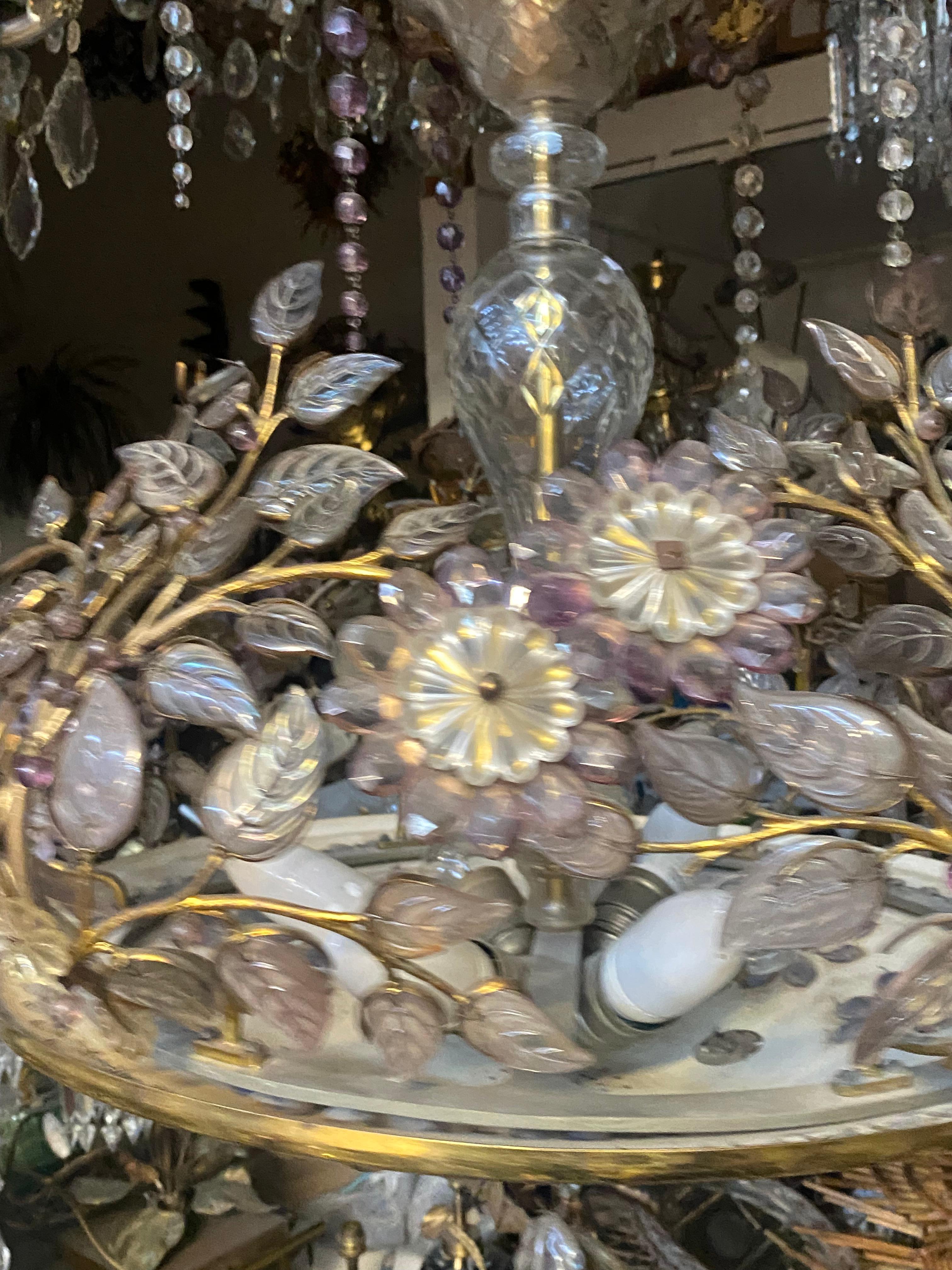 Mid-20th Century 1970′ Golden Brass Chandelier Plant Decor Maison Bagués Style, Leaves And Flower For Sale