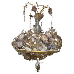 1970′ Golden Brass Chandelier Plant Decor Maison Bagués Style, Leaves And Flower