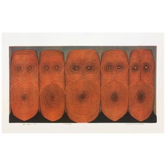 1970 Graphic Woodblock Print of Five Faces by Tomio Kinoshita, Japan