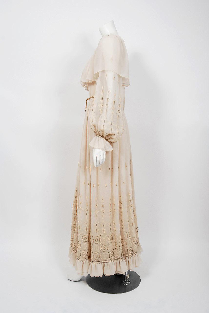 Vintage 1970 Guy Laroche Couture Embroidered Silk Billow Sleeve Low Plunge Gown In Good Condition For Sale In Beverly Hills, CA