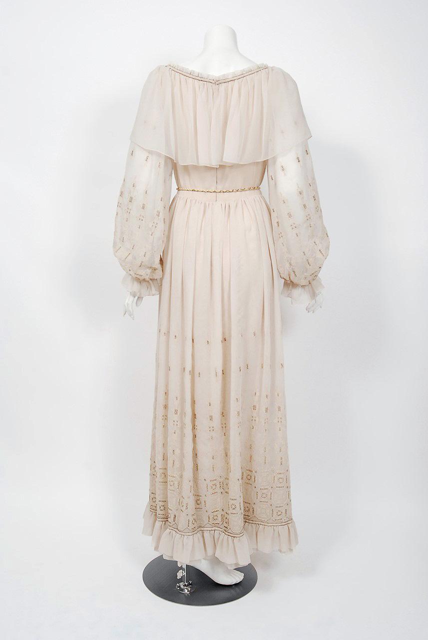Vintage 1970 Guy Laroche Couture Embroidered Silk Billow Sleeve Low Plunge Gown For Sale 3
