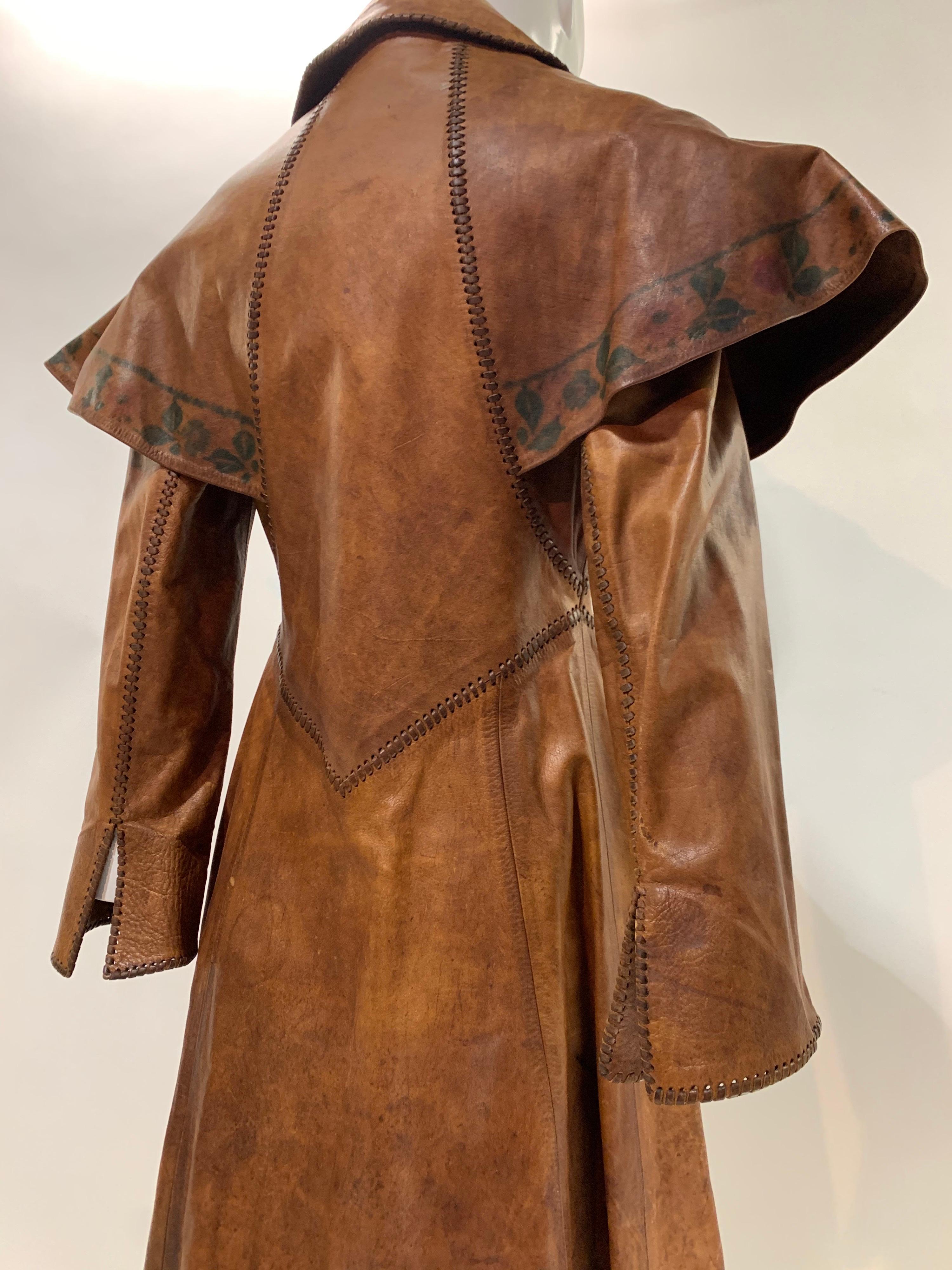 1970 Hand Made & Painted Distressed Leather Fairytale-Inspired Trench Coat  For Sale 2