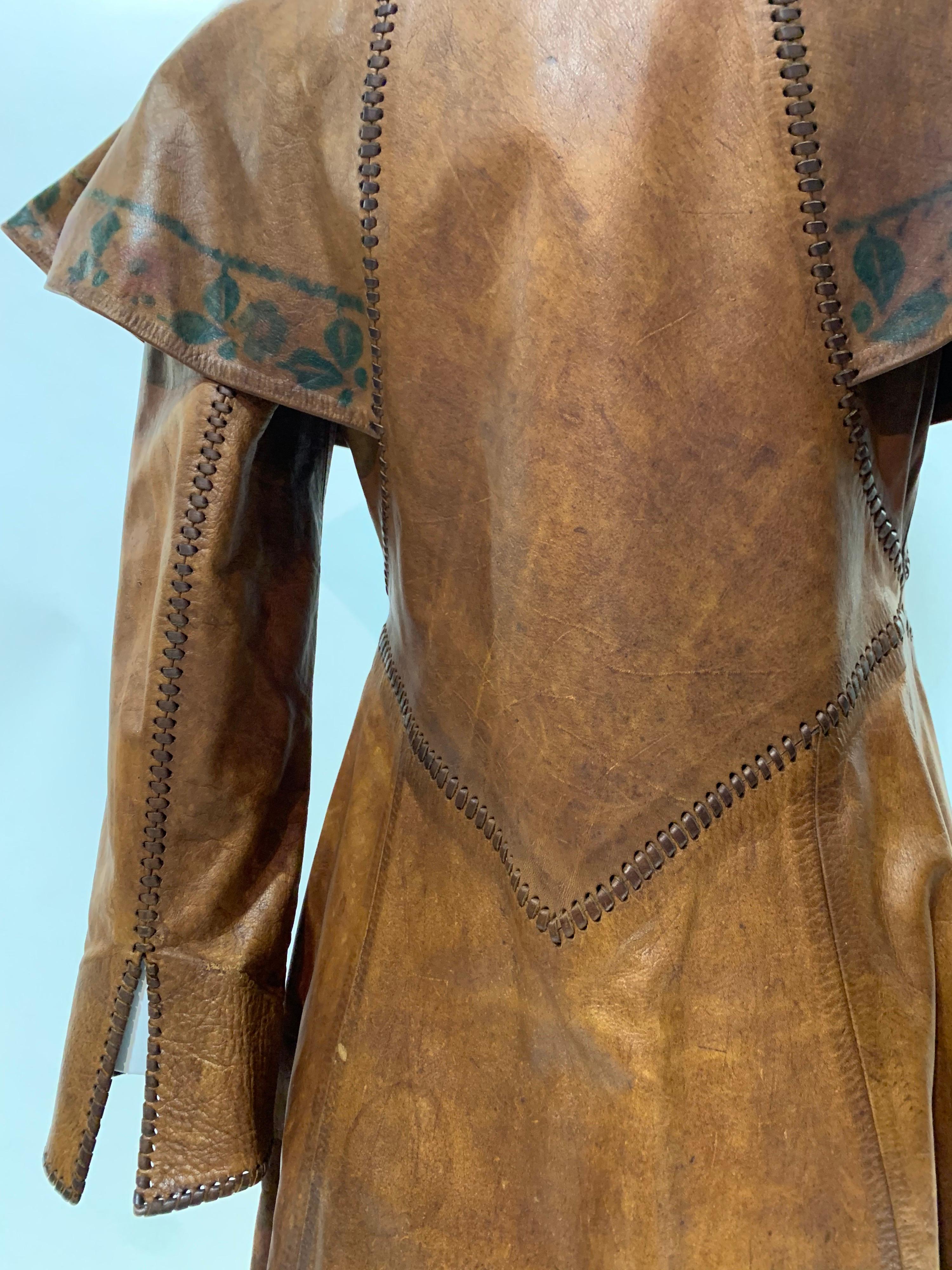 1970 Hand Made & Painted Distressed Leather Fairytale-Inspired Trench Coat  For Sale 4
