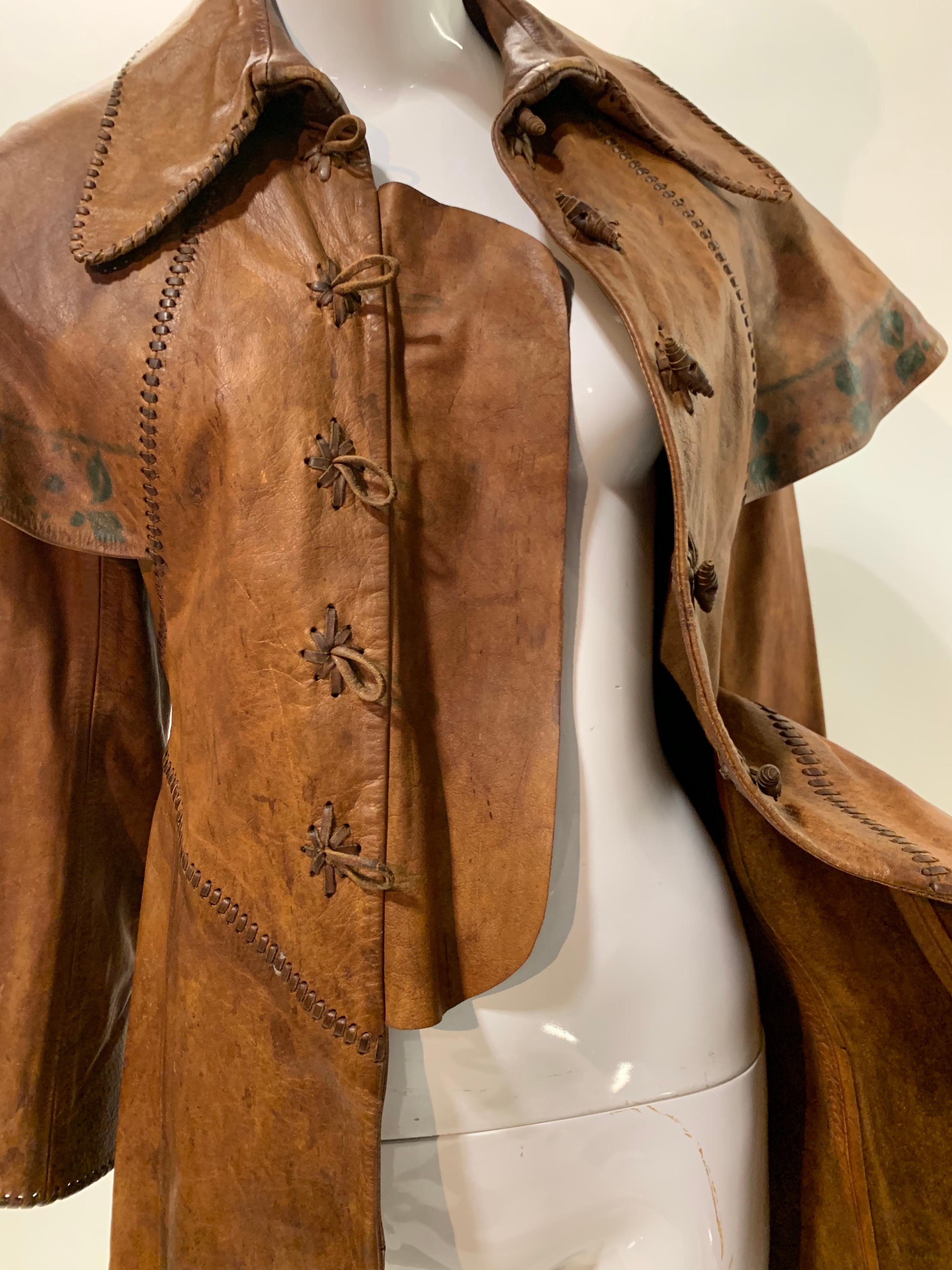 1970 Hand Made & Painted Distressed Leather Fairytale-Inspired Trench Coat  For Sale 7