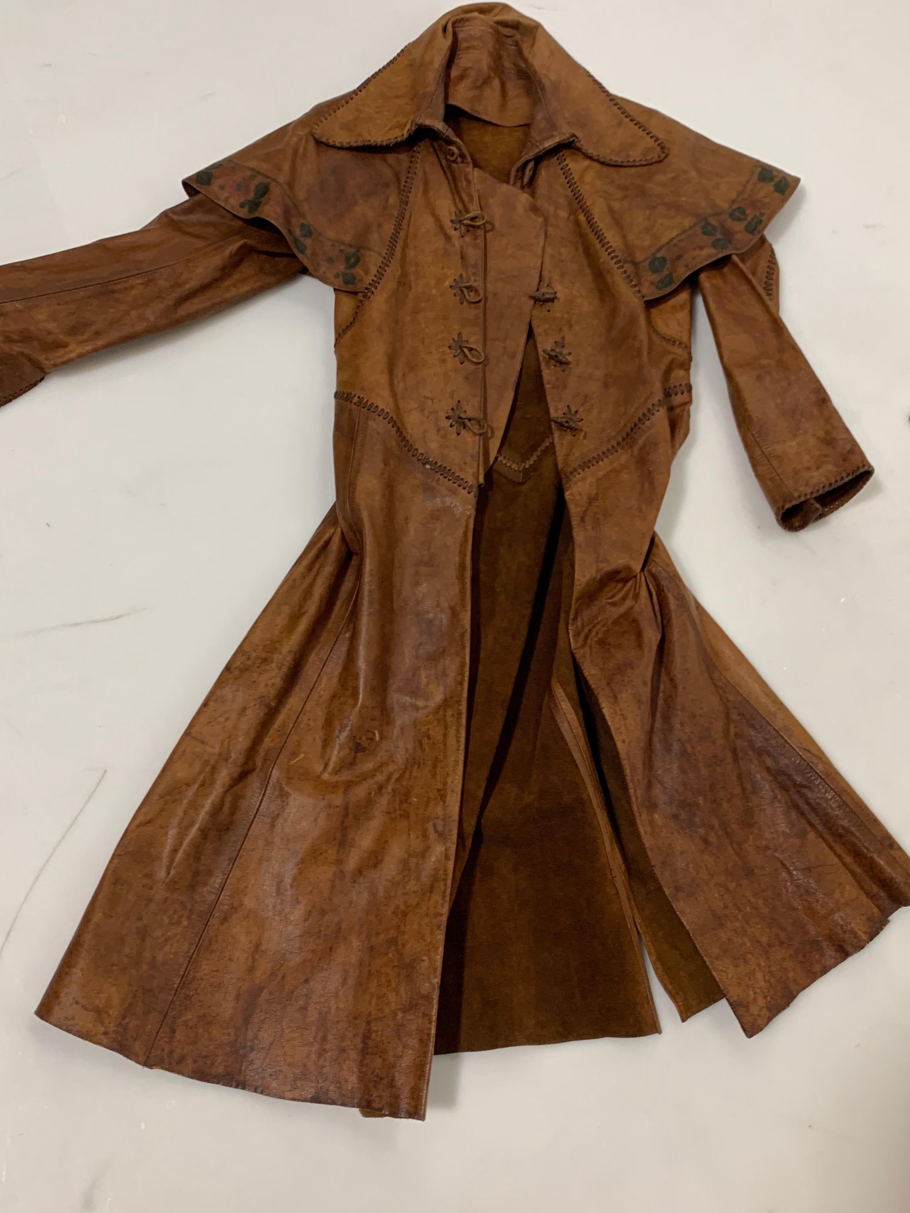 1970 Hand Made & Painted Distressed Leather Fairytale-Inspired Trench Coat  For Sale 9