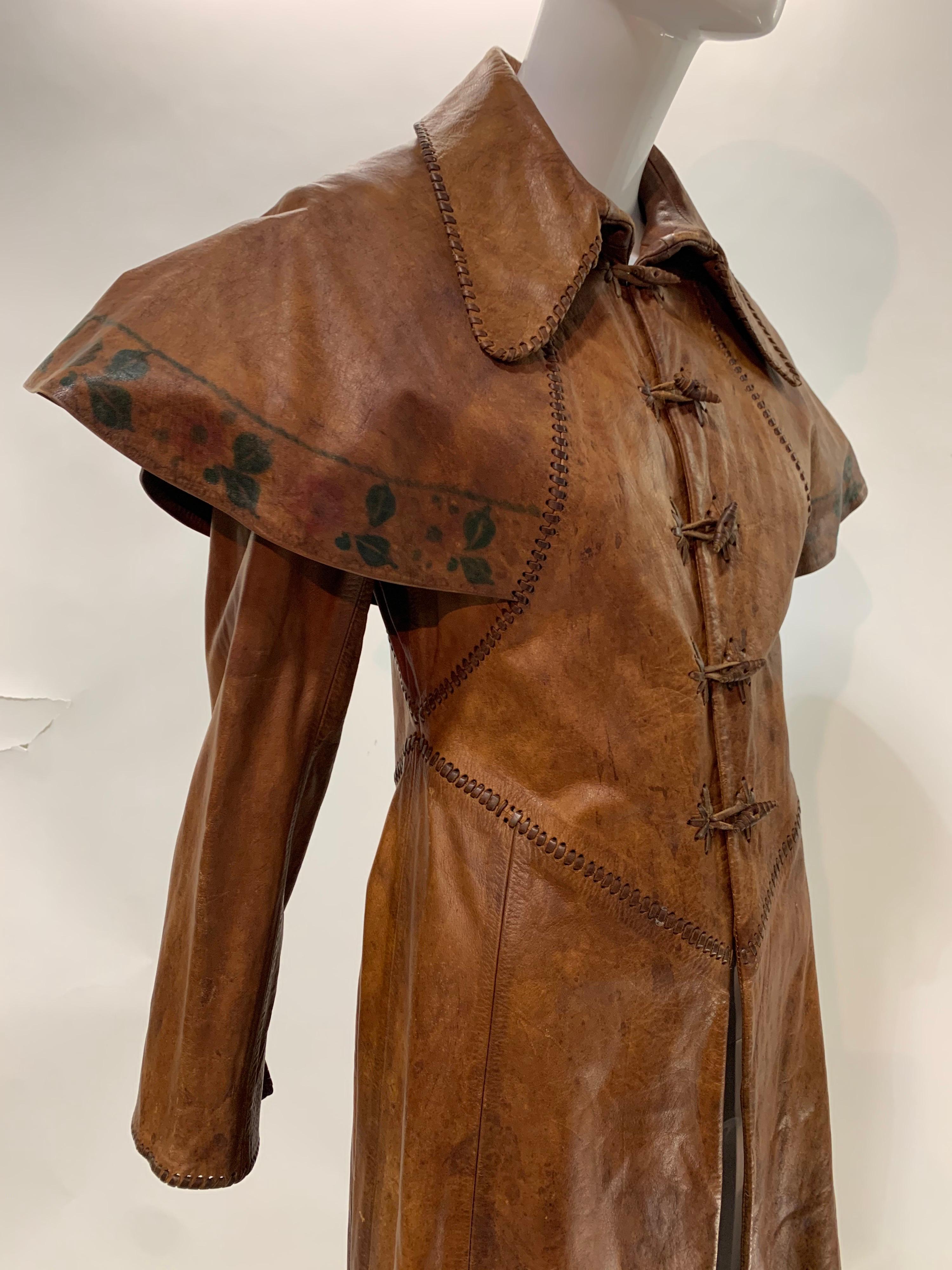 1970 Hand Made & Painted Distressed Leather Fairytale-Inspired Trench Coat  In Excellent Condition For Sale In Gresham, OR