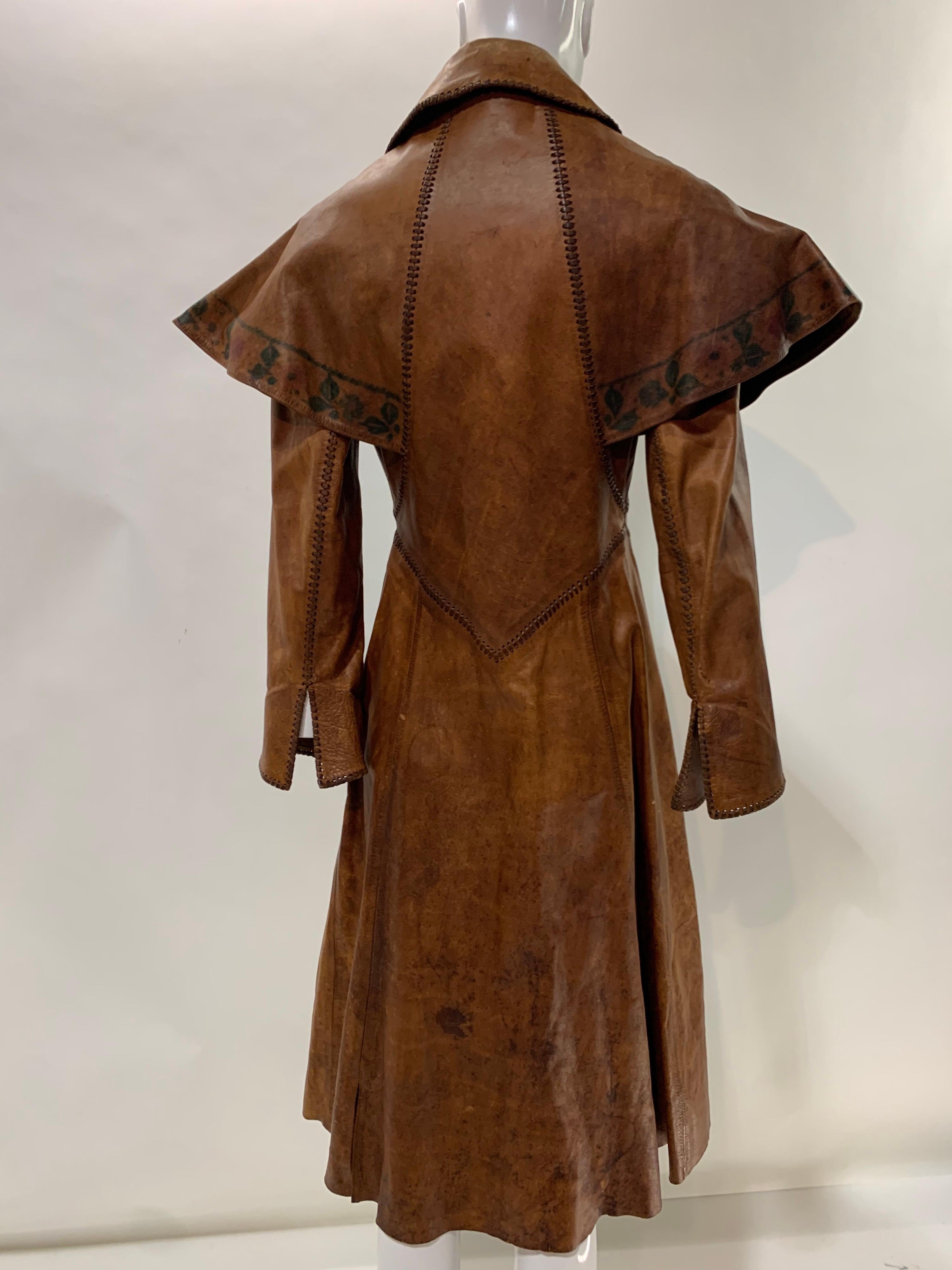 1970 Hand Made & Painted Distressed Leather Fairytale-Inspired Trench Coat  For Sale 1