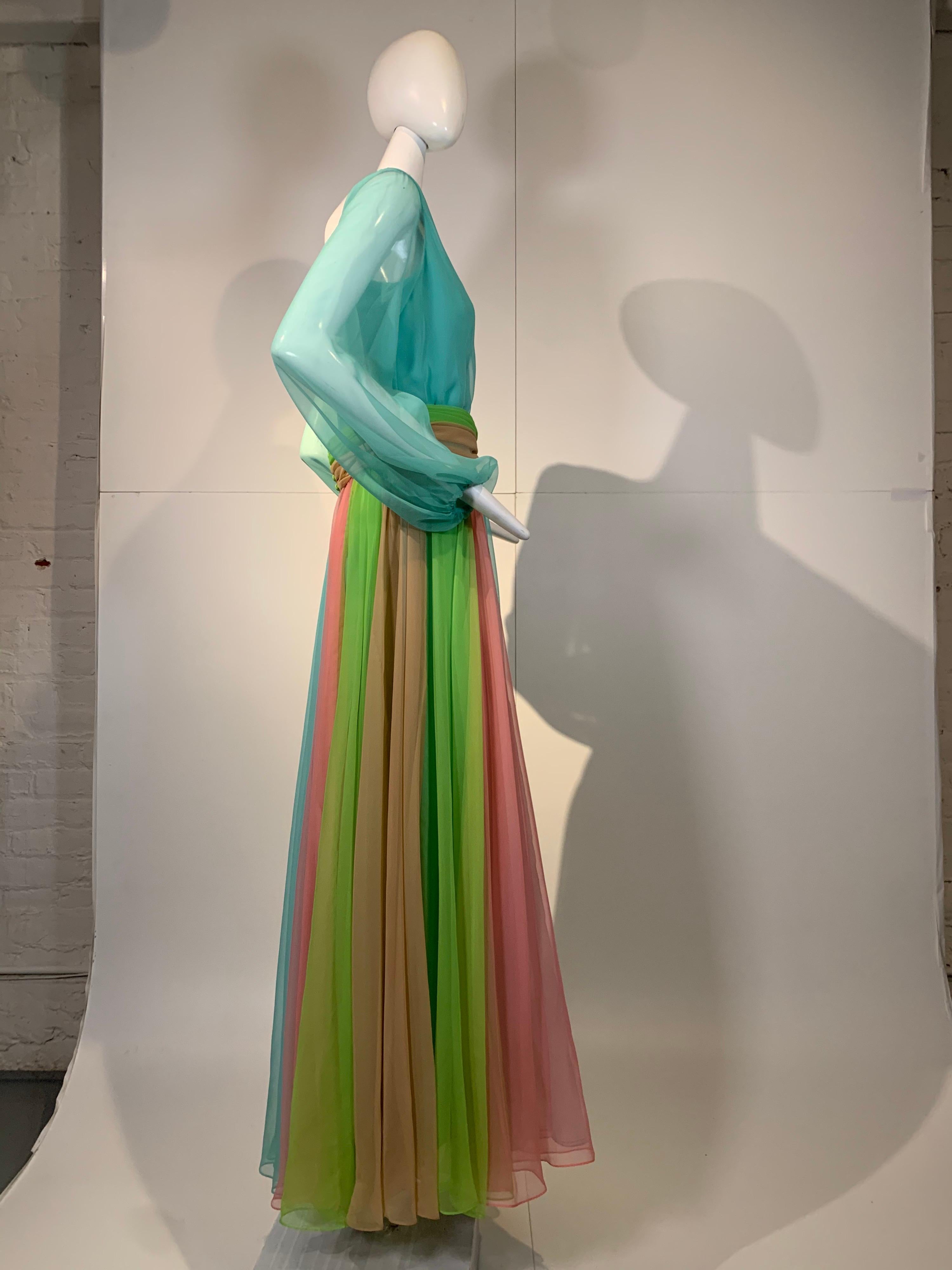 1970 Helen Rose Color Blocked Chiffon Gown In Robin’s Egg Blue Pink & Chartreuse 3