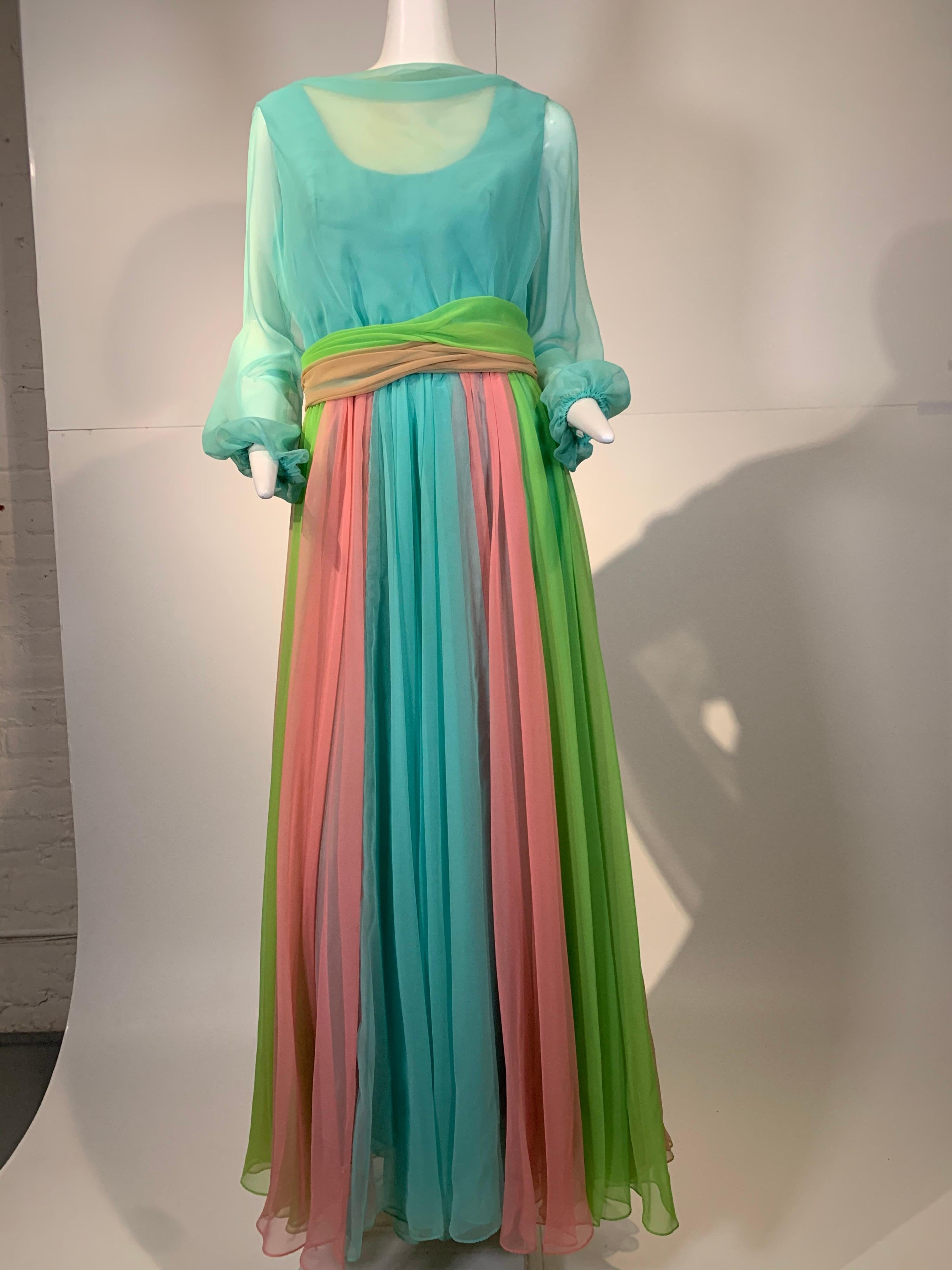 1970 Helen Rose Color Blocked Chiffon Gown In Robin’s Egg Blue Pink & Chartreuse 5