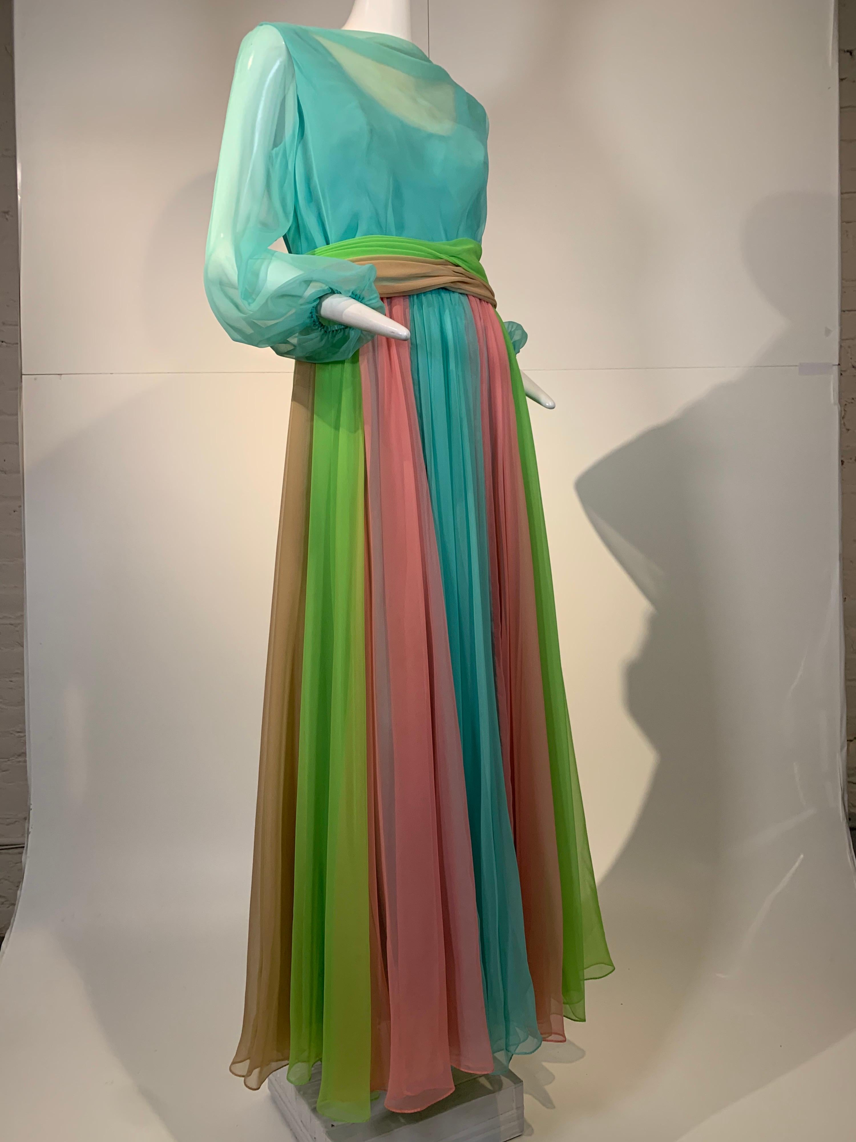 Gorgeous 1970s Helen Rose color-blocked chiffon gown in robin's egg blue, pink and chartreuse. Cummerbund-styled waist sash with buttons at back, bodice is a sheer overlay of chiffon with balloon sleeves. Lined skirt. Size 10. 
