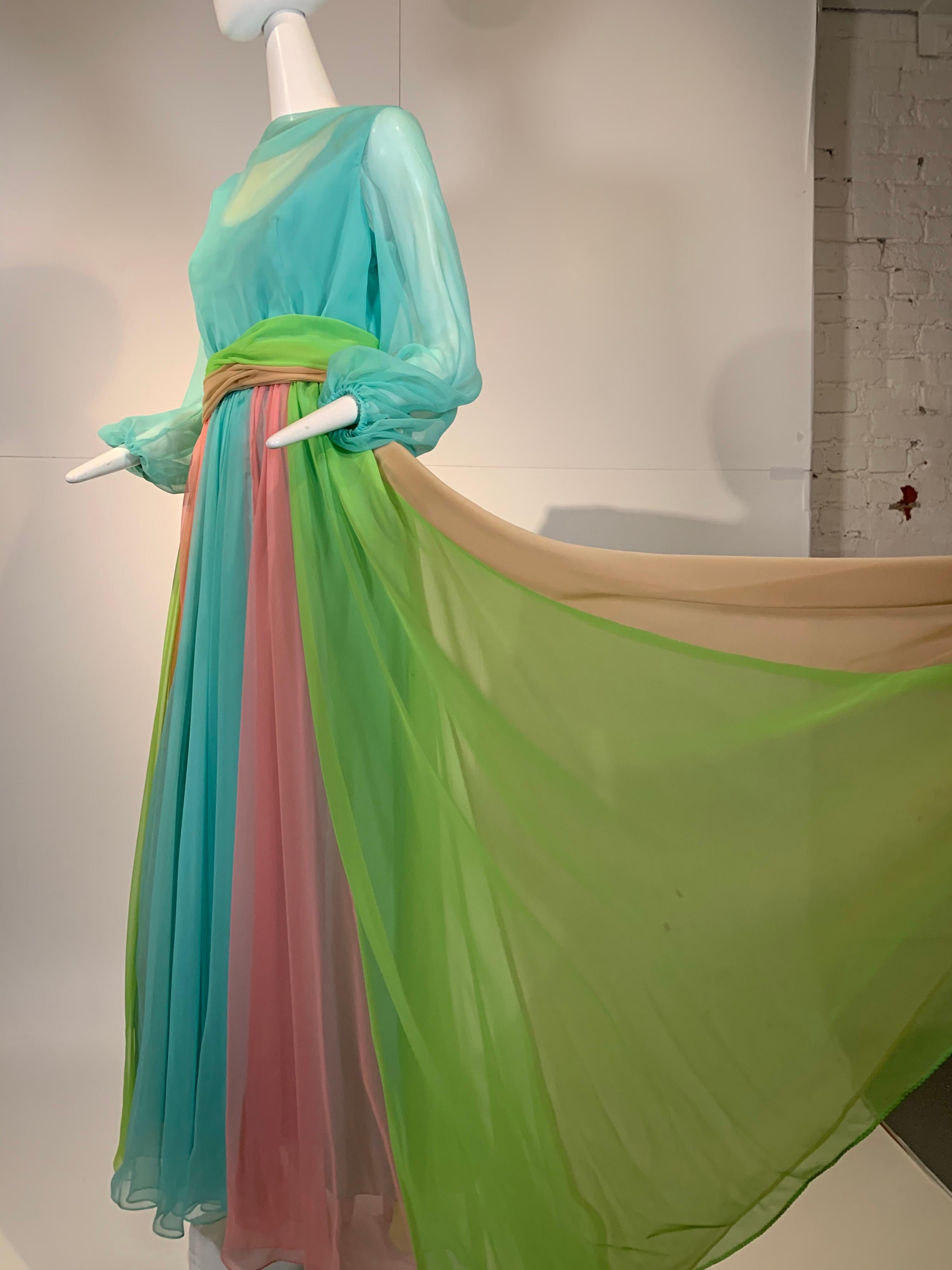 1970 Helen Rose Color Blocked Chiffon Gown In Robin’s Egg Blue Pink & Chartreuse In Excellent Condition In Gresham, OR