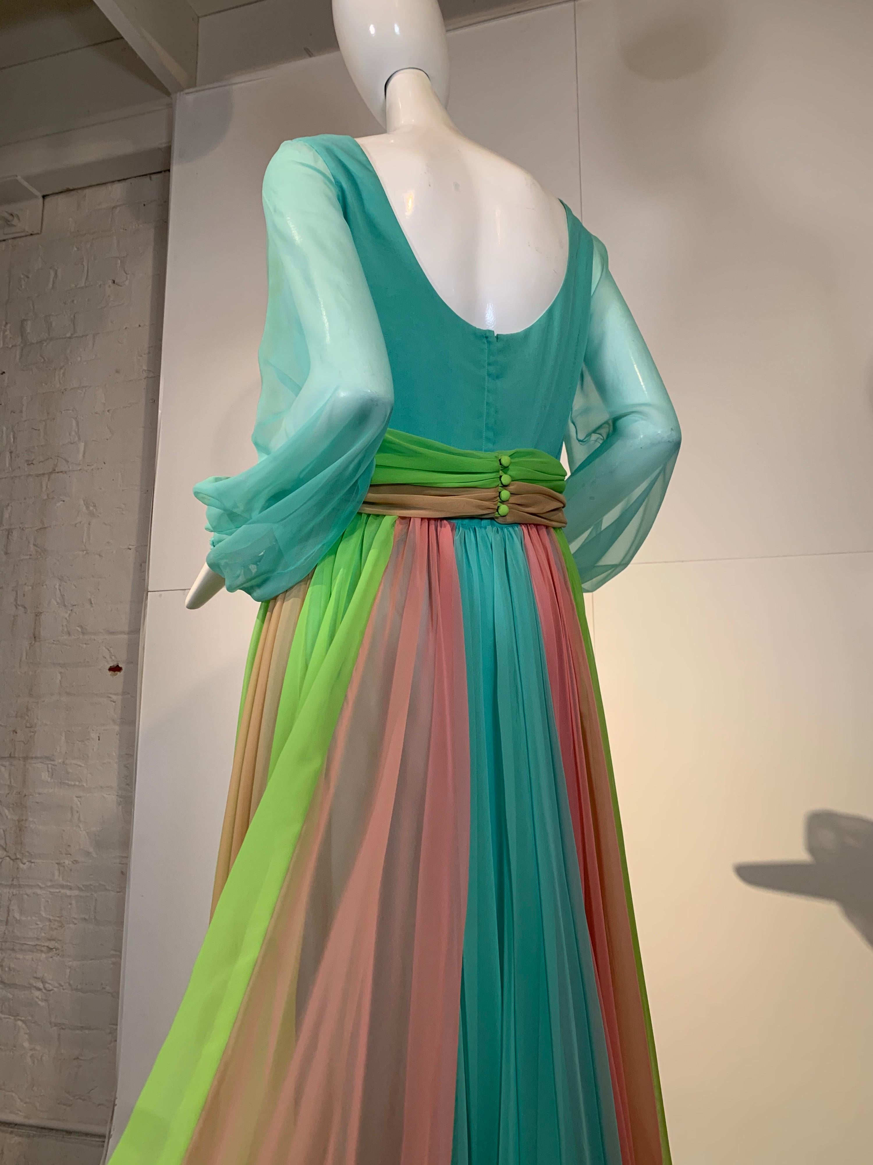 1970 Helen Rose Color Blocked Chiffon Gown In Robin’s Egg Blue Pink & Chartreuse 1