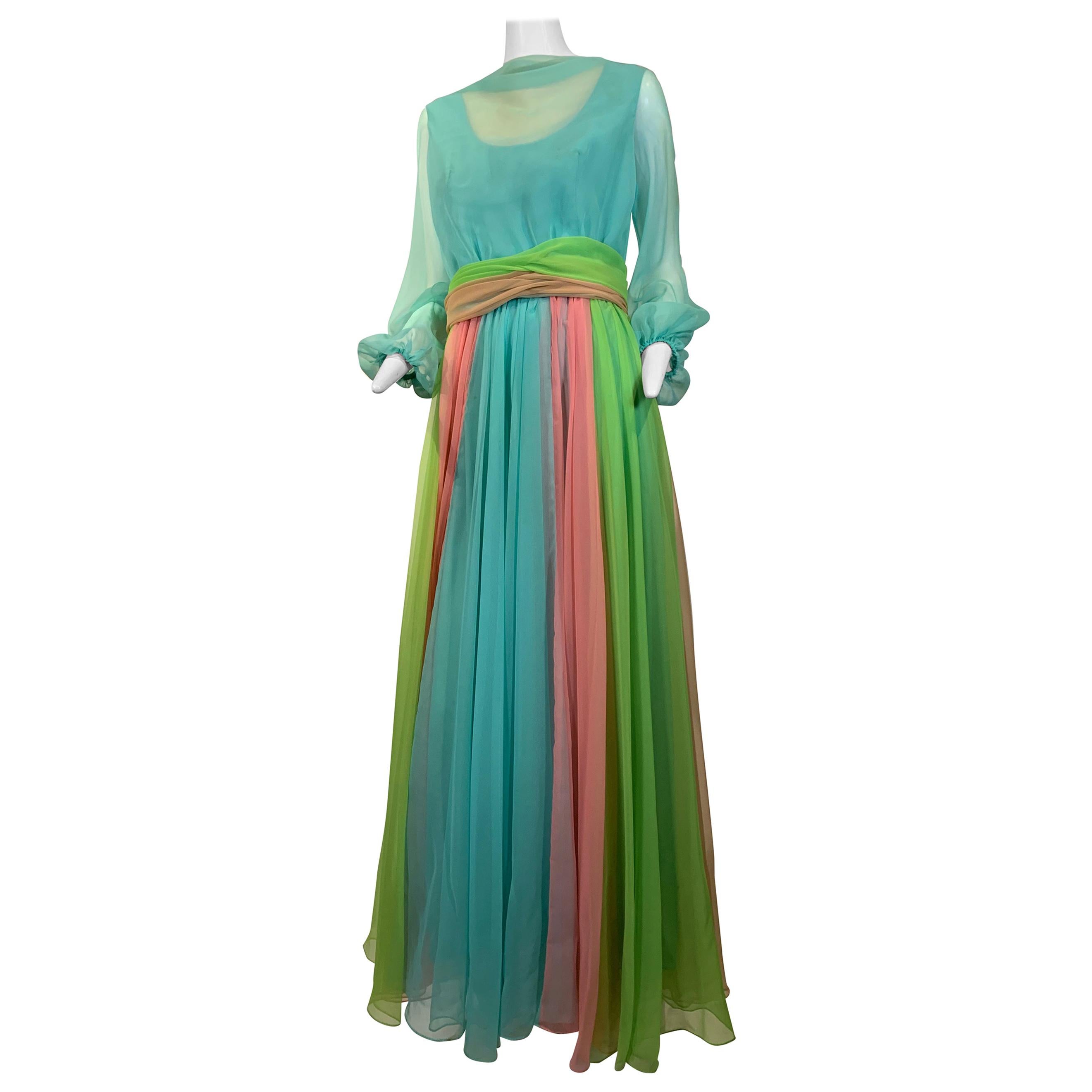 1970 Helen Rose Color Blocked Chiffon Gown In Robin’s Egg Blue Pink & Chartreuse