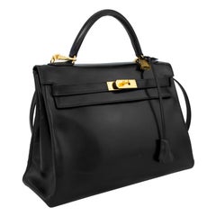 1970 Hermes Black Supple Box Leather Kelly Bag