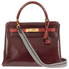 1970 Hermes Rouge H Ostrich & Box Calf Leather Vintage Kelly 28cm Retourne