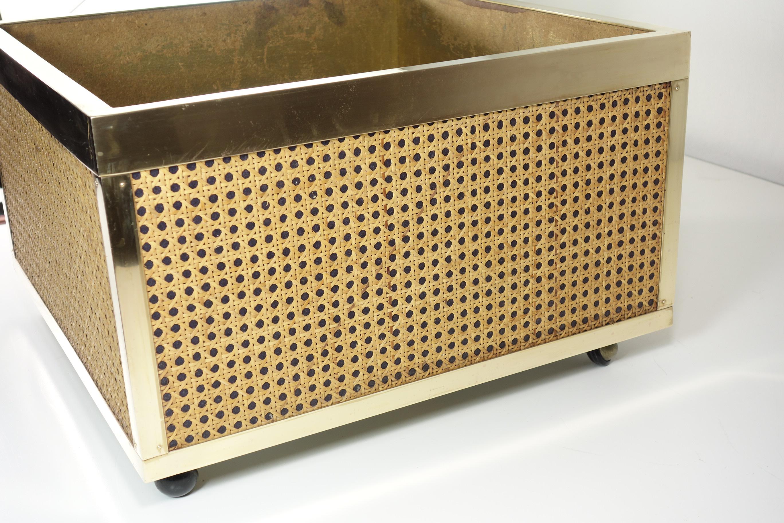 Late 20th Century 1970 Hollywood Regency Italian Design Modernist Cane Brass Flower Planter For Sale
