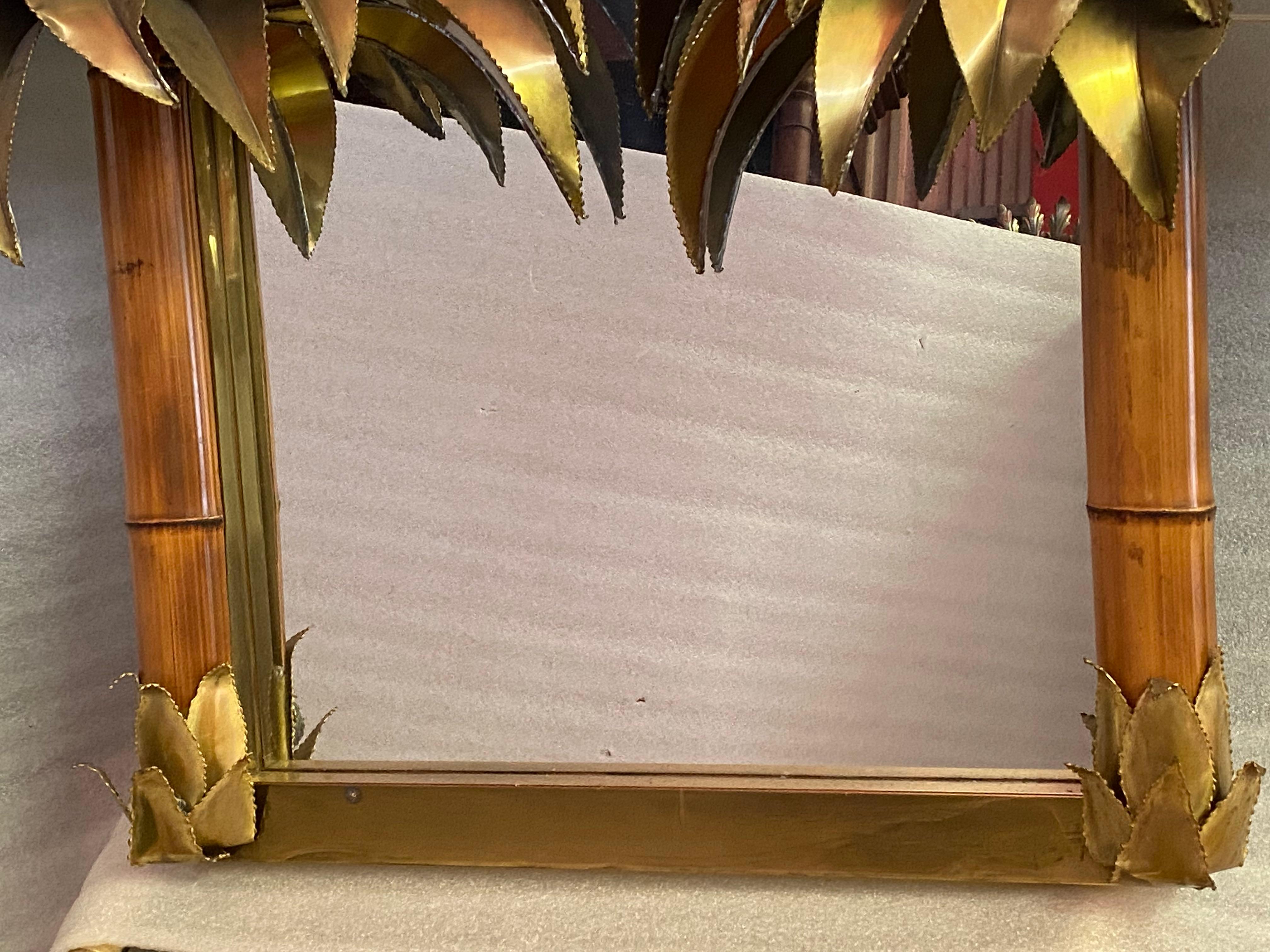 1970′ Miroir illuminant palmier et bambou en laiton Unique une pièce originale. en vente 4