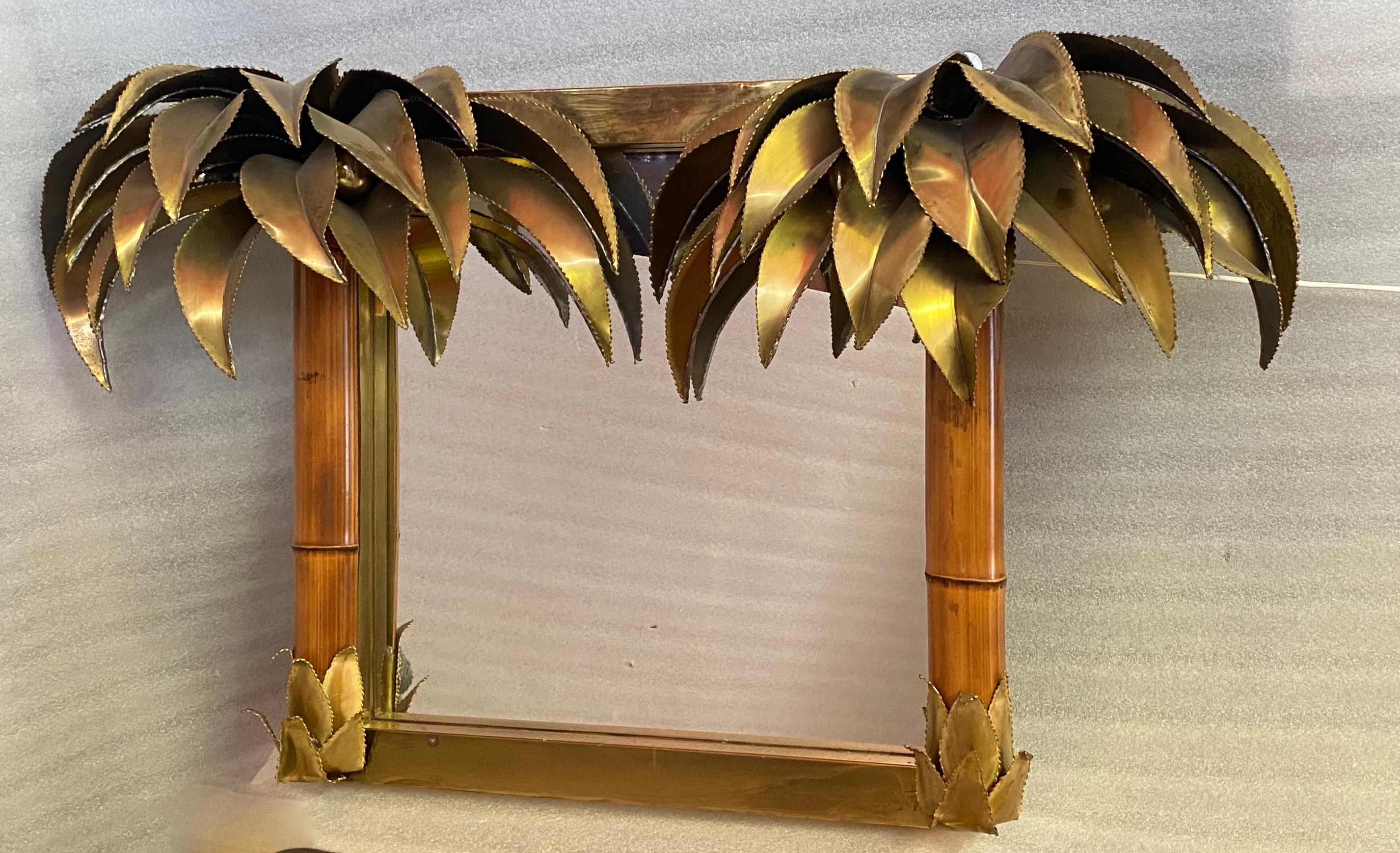 Brutalisme 1970′ Miroir illuminant palmier et bambou en laiton Unique une pièce originale. en vente