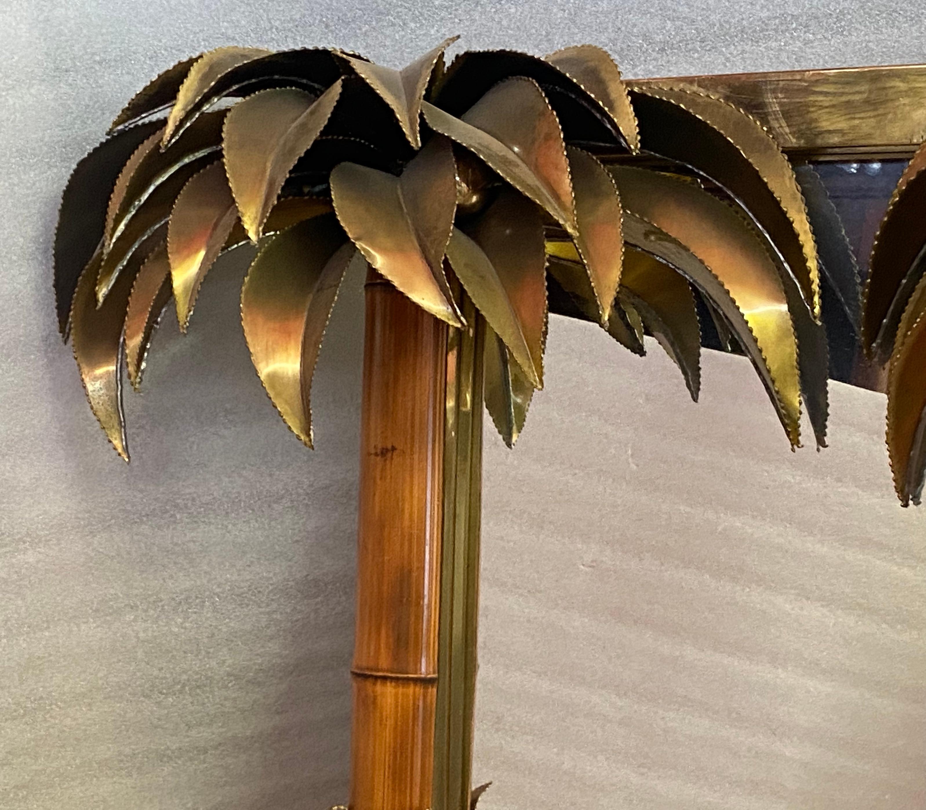 French 1970′ Illuminating Palm and Bamboo Tree Mirror in Brass Unique An Original Piece For Sale