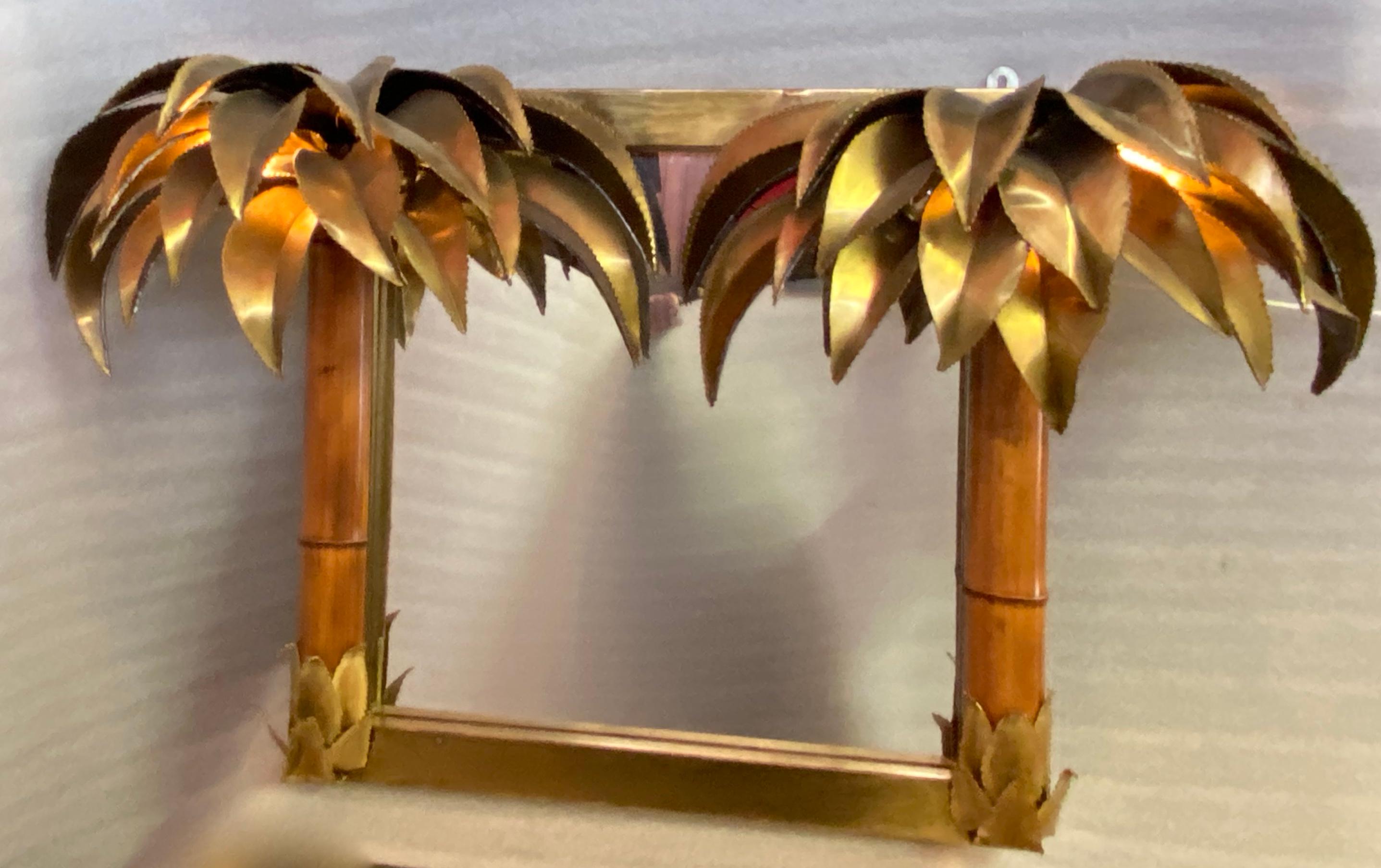 Poli 1970′ Miroir illuminant palmier et bambou en laiton Unique une pièce originale. en vente