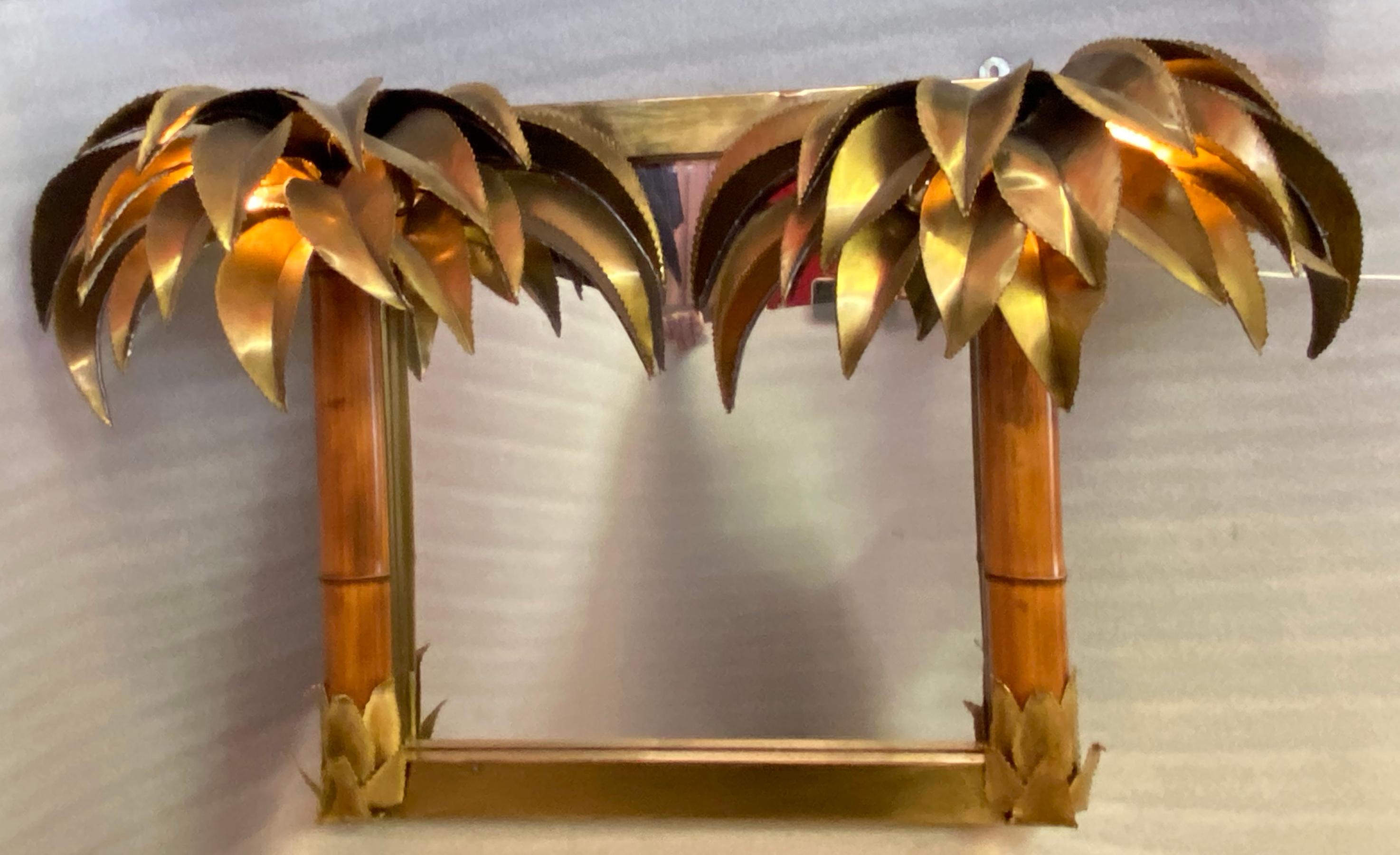 1970′ Miroir illuminant palmier et bambou en laiton Unique une pièce originale. État moyen - En vente à Paris, FR
