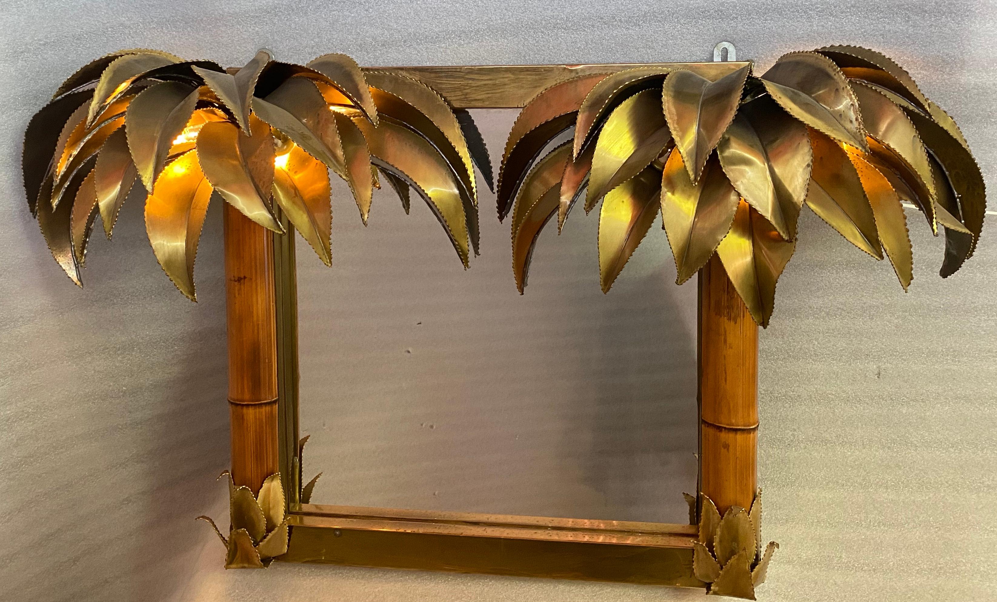 1970′ Illuminating Palm and Bamboo Tree Mirror in Brass Unique An Original Piece For Sale 1