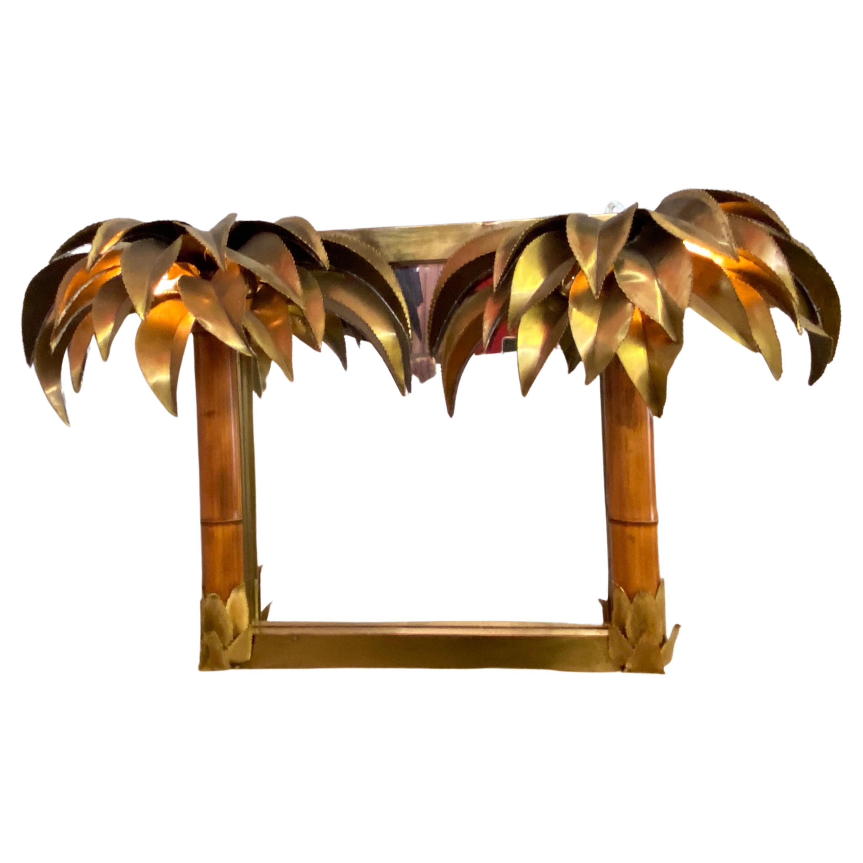 1970′ Miroir illuminant palmier et bambou en laiton Unique une pièce originale. en vente