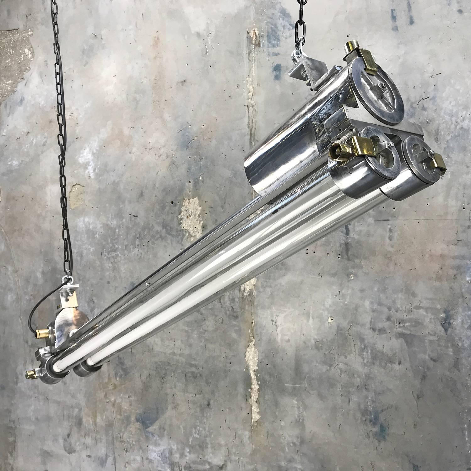 Original item salvaged from super tankers and military vessels and restored to the original specification and modified with LED tubes

The main body is cast aluminium and with steel and brass fittings which are polished in house to a mirror lustre,