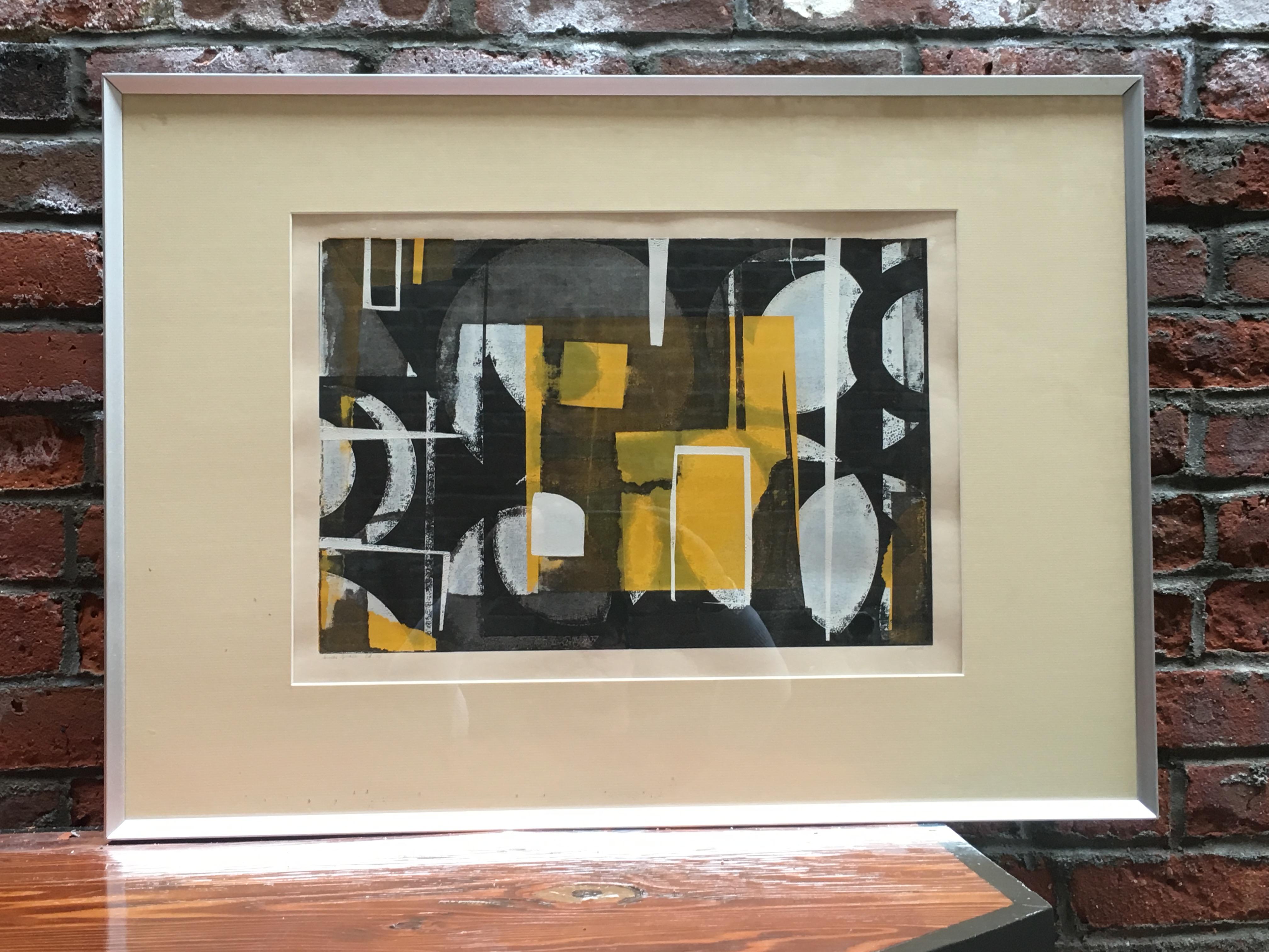 Wonderful abstract serigraph print edition of 10. Pencil signed Parfelt and dated 1970. Abstracted forms in black, yellow and white. The framing treatment consists of a brushed metal frame, matted and under glass. The piece has not been viewed out