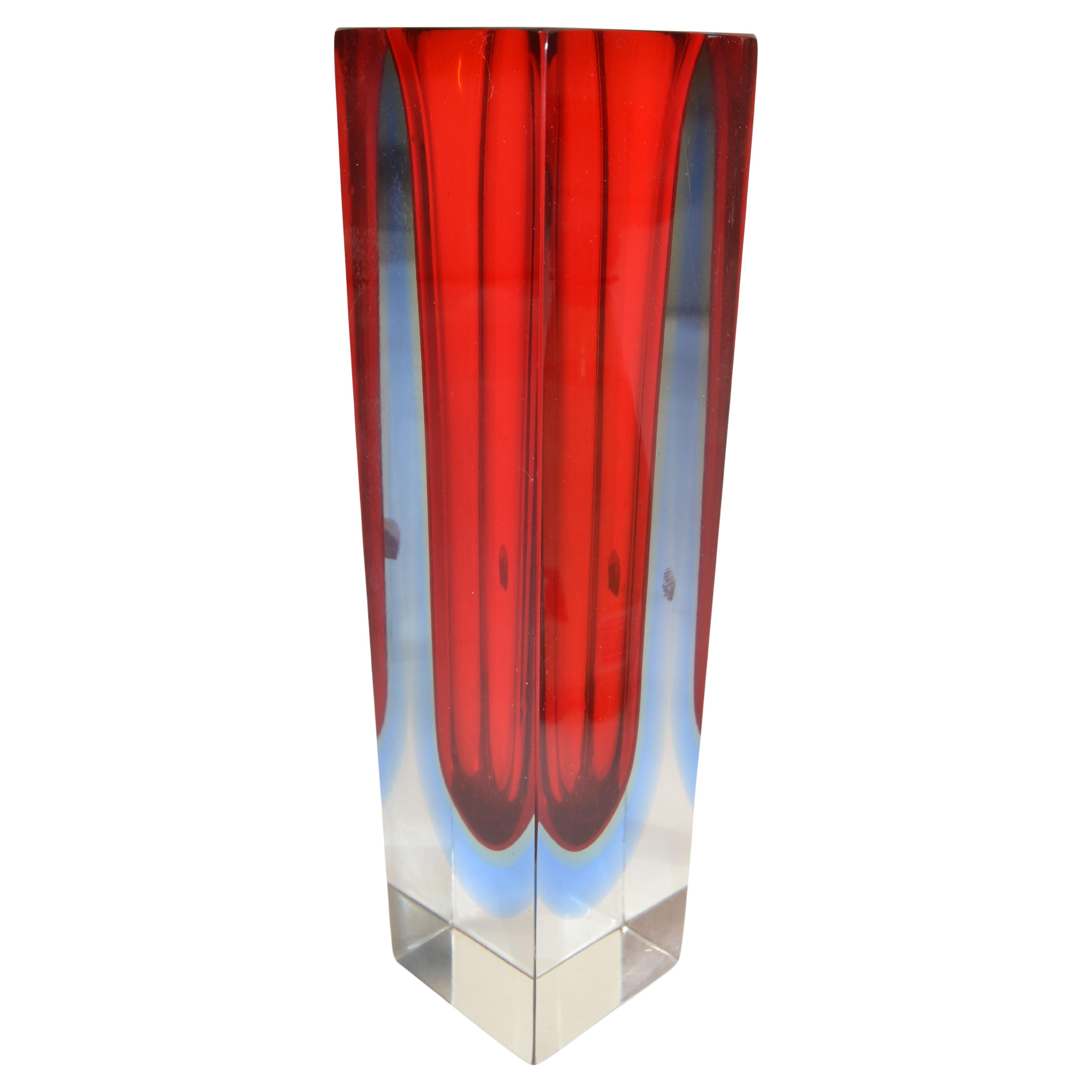 Stunning Italian Mid-Century Modern Sommerso Blown Murano Art Glass Vase in Baby Blue, Bright Red and clear glass made by Alessandro Mandruzzato, circa 1970.
Square flat cut Vessel with polished top.
Looks amazing from any angle.
Original Label