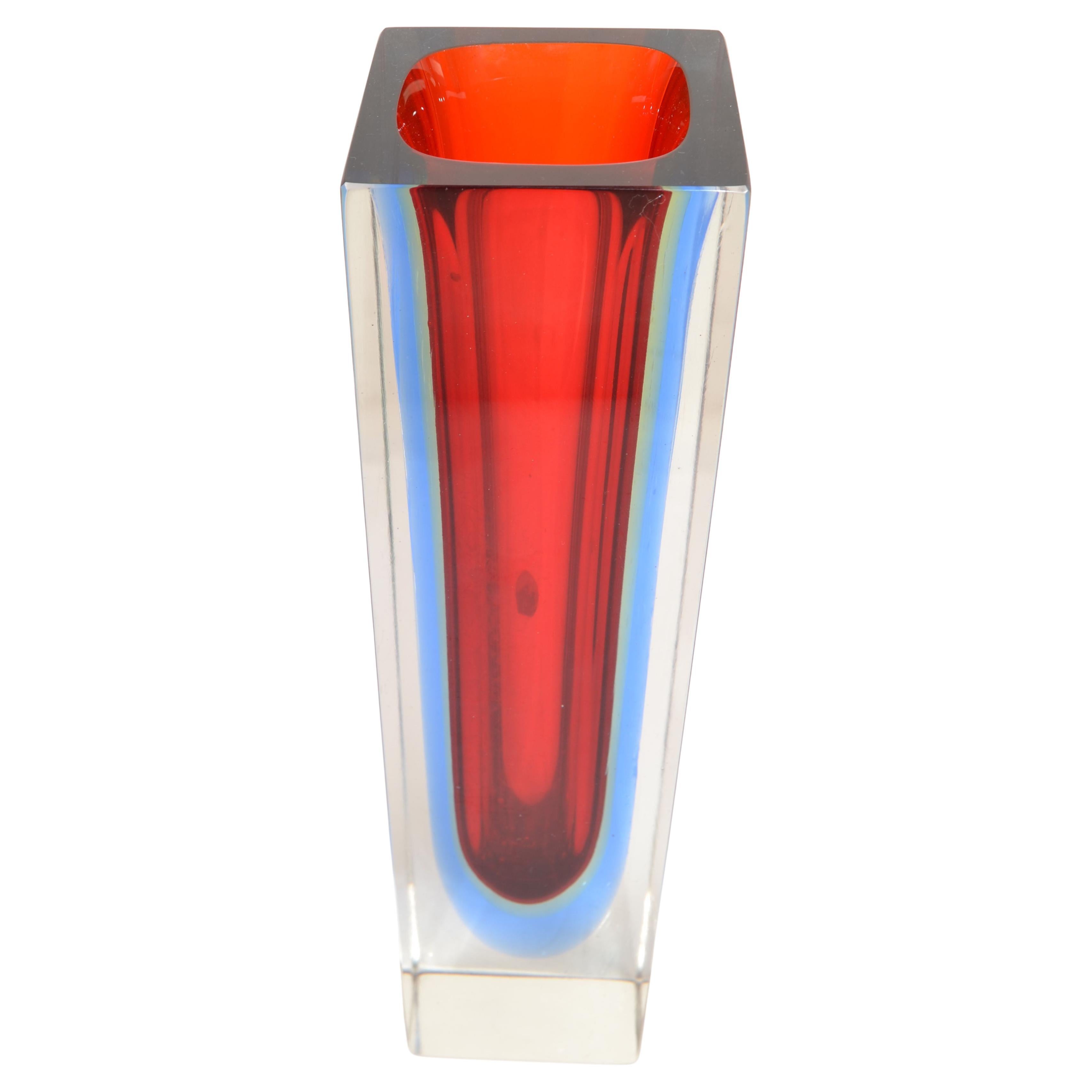 Mid-Century Modern 1970 Italian Alessandro Mandruzzato Murano Art Glass Vase Sommerso Red Baby Blue For Sale