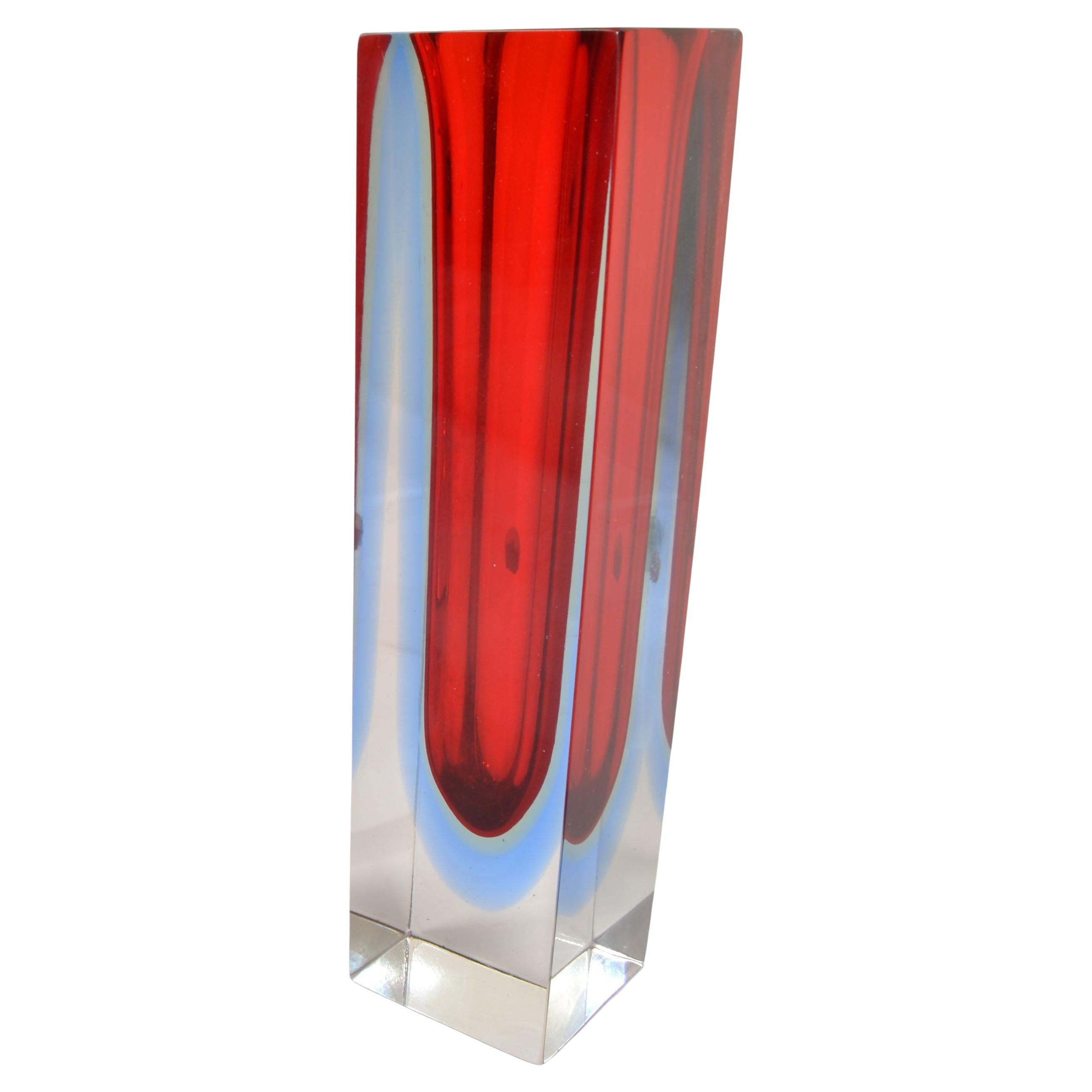 Hand-Crafted 1970 Italian Alessandro Mandruzzato Murano Art Glass Vase Sommerso Red Baby Blue For Sale