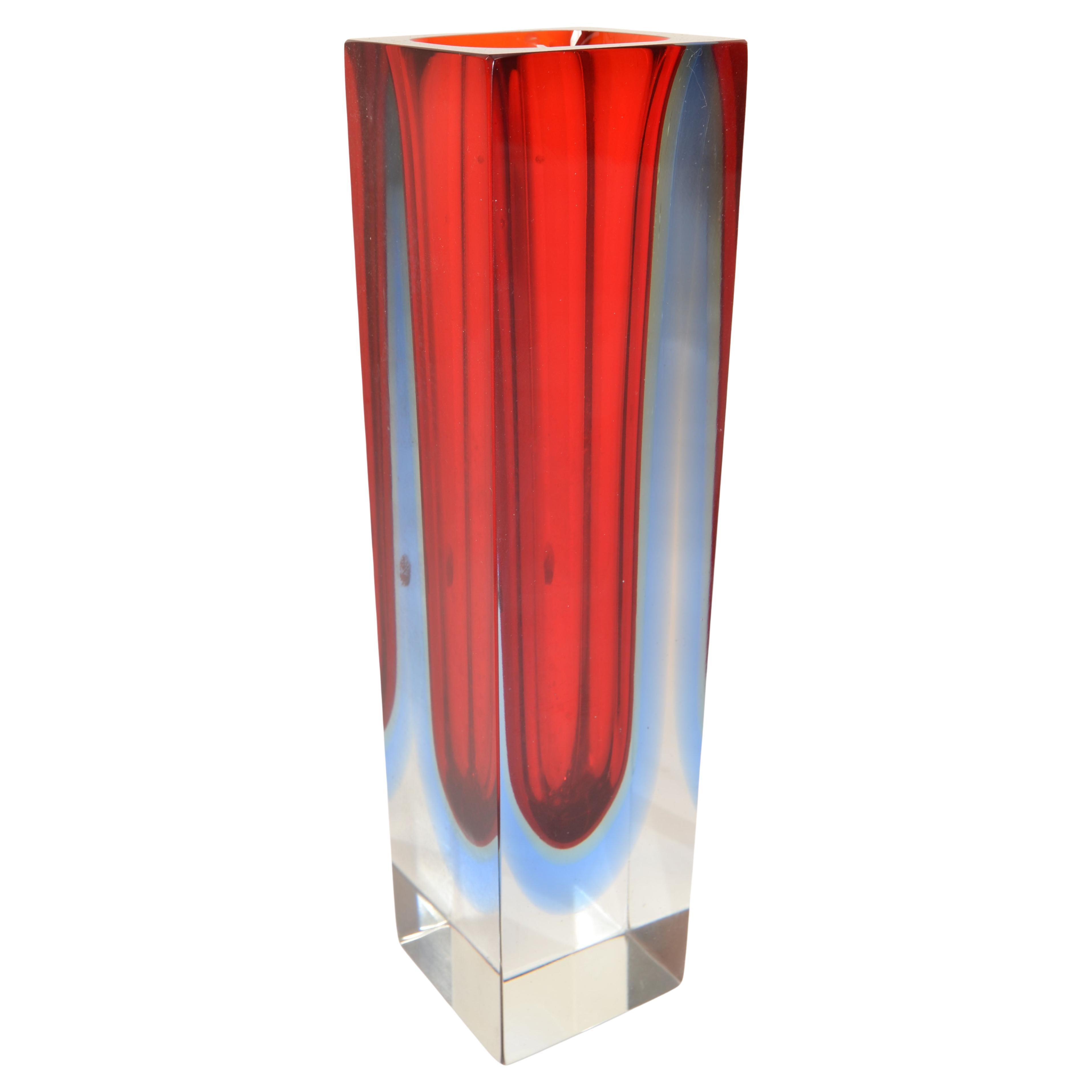 1970 Italian Alessandro Mandruzzato Murano Art Glass Vase Sommerso Red Baby Blue