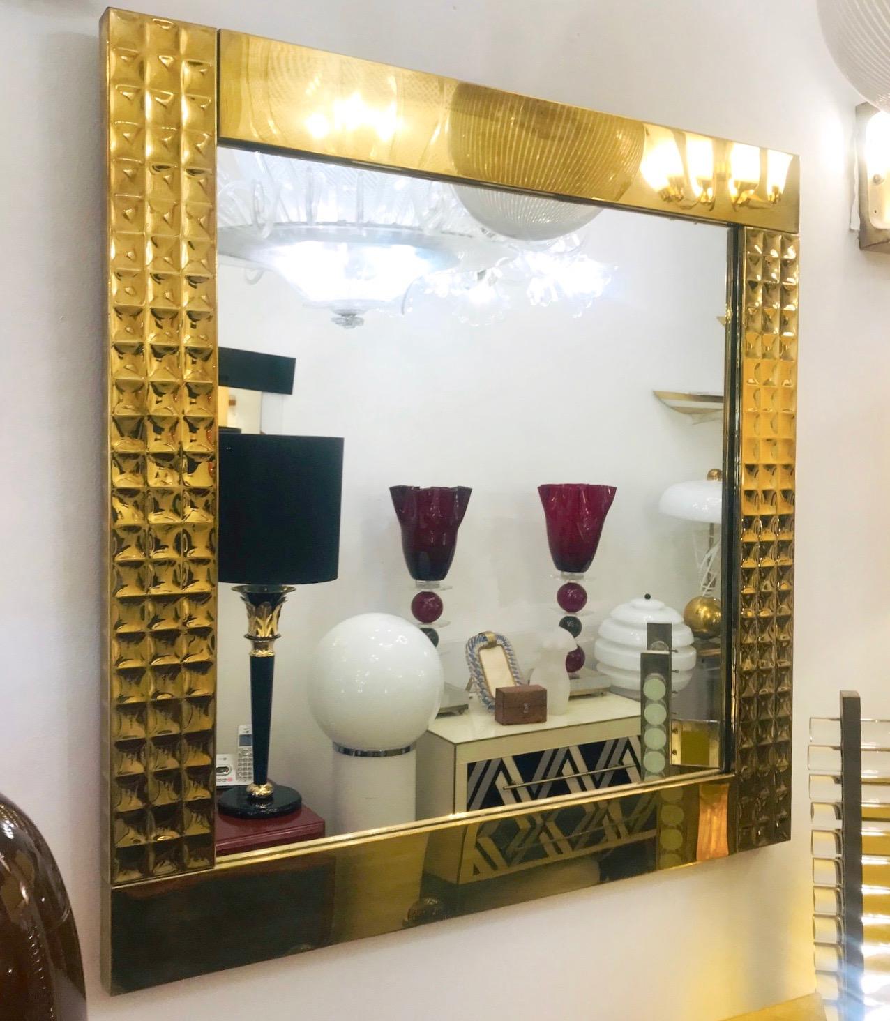 Modern Italian Handcrafted Brass Mirrors with Gold Jewel-Like Detail, 1970s For Sale