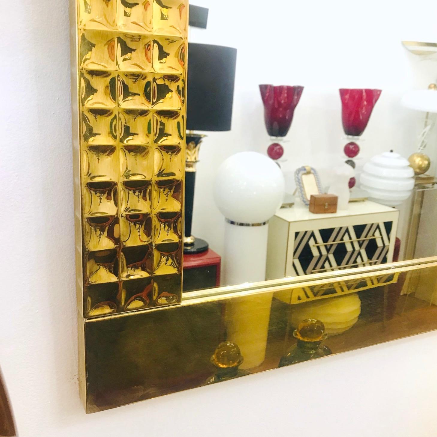 Hammered Italian Handcrafted Brass Mirrors with Gold Jewel-Like Detail, 1970s For Sale