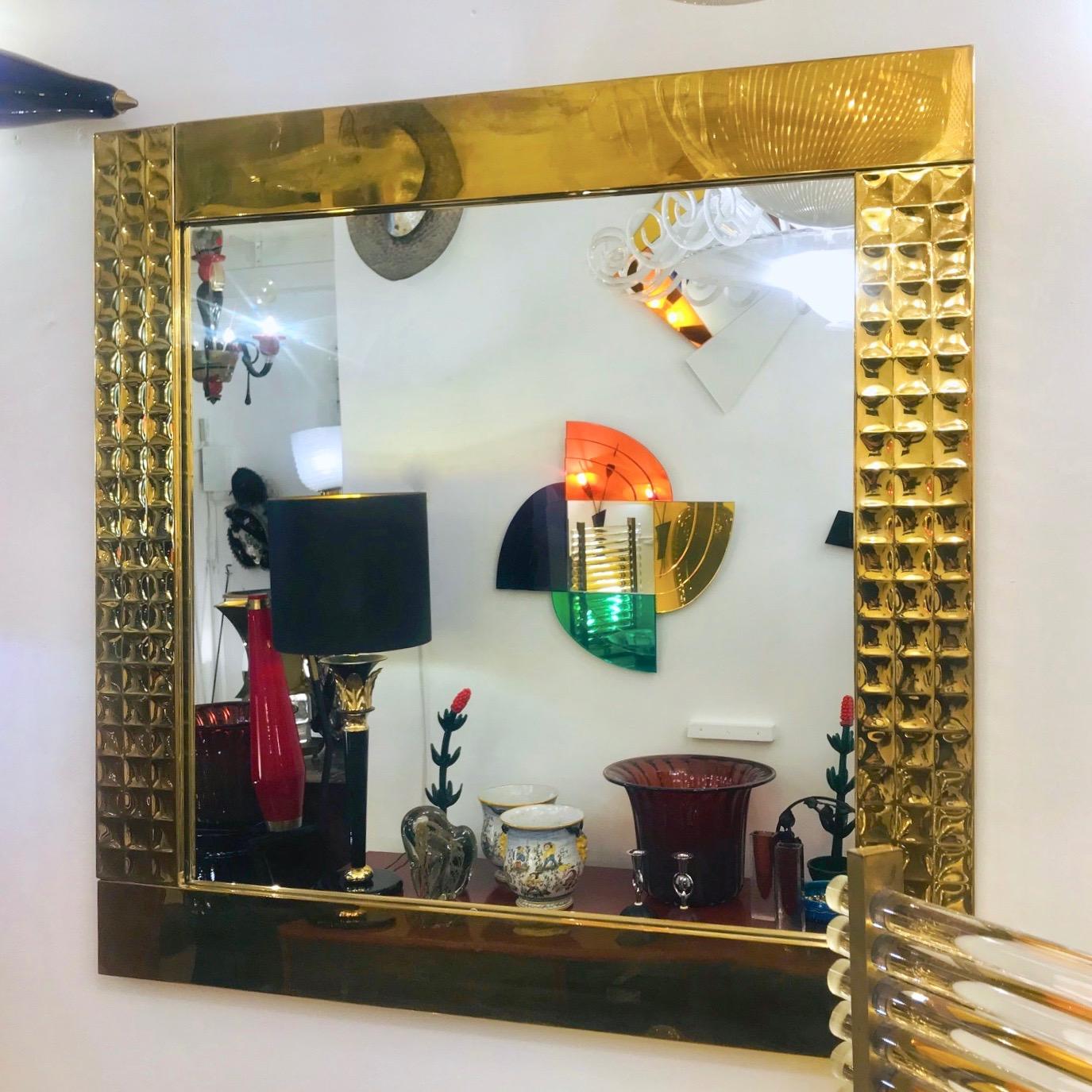 Italian Handcrafted Brass Mirrors with Gold Jewel-Like Detail, 1970s For Sale 1
