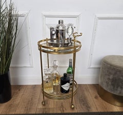 1970 Italian Hollywood Regency Round Two-Tier Brass and Glass Bar Cart