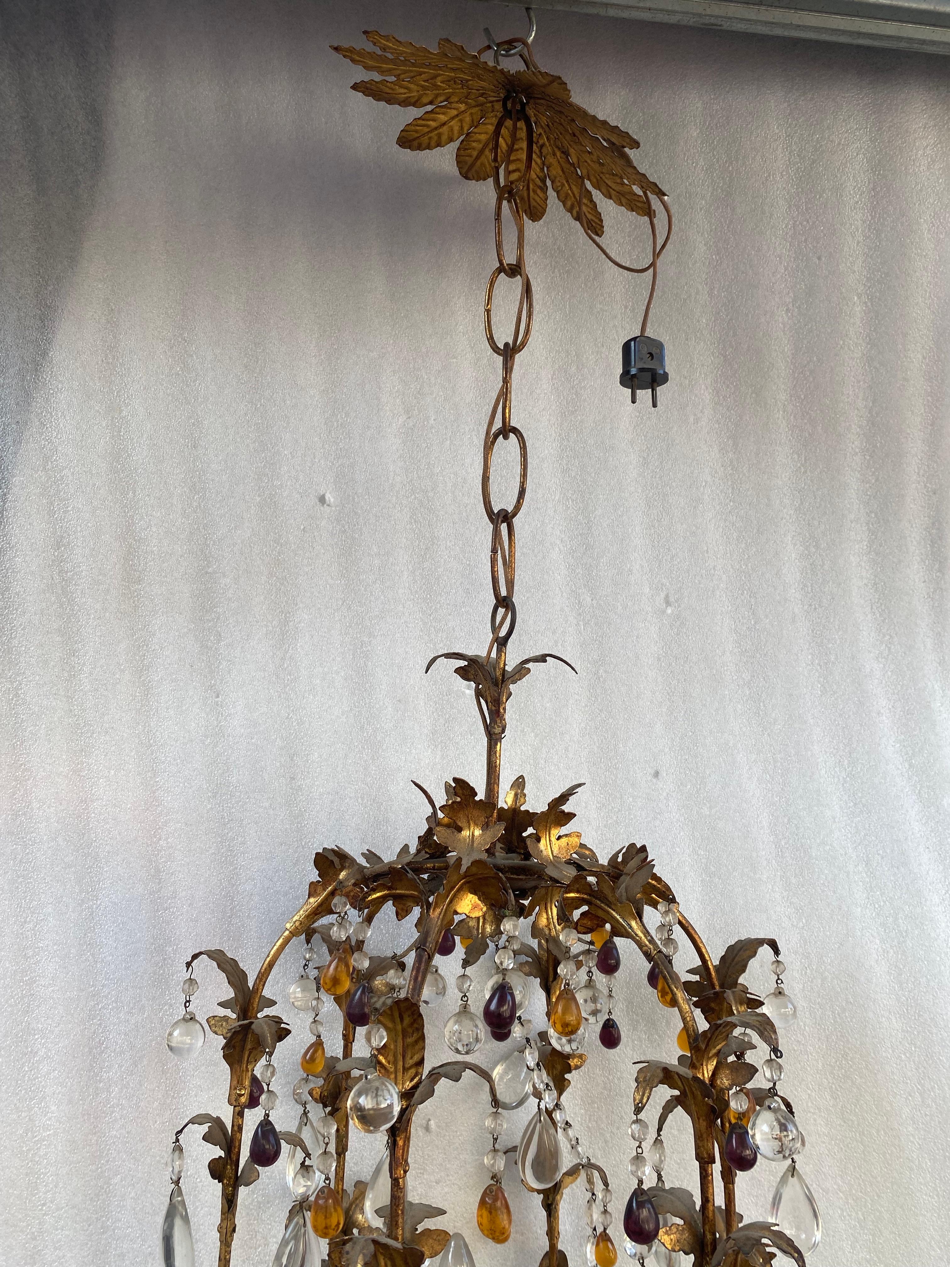 1970′ Italian Lantern in Golden Iron with Colored Glass Pendants For Sale 5